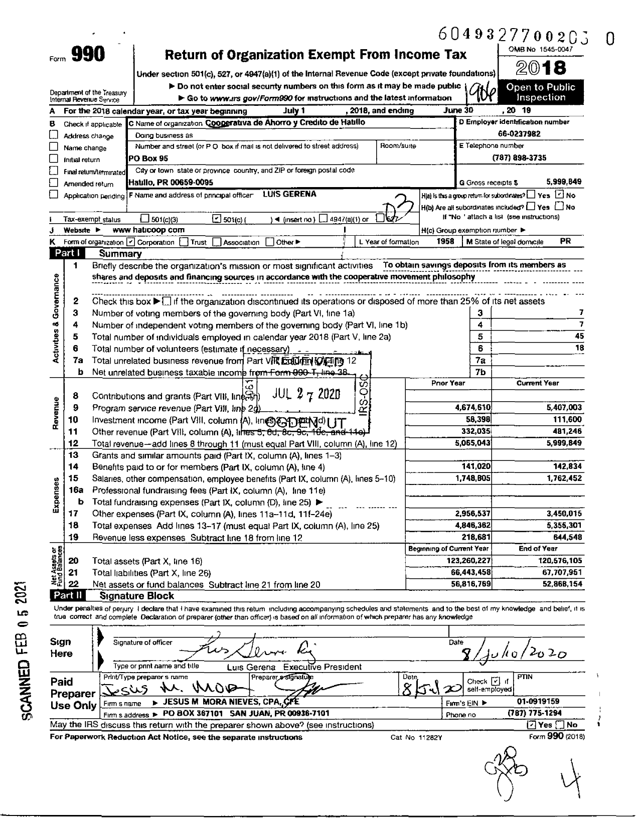 Image of first page of 2018 Form 990 for Cooperativa de Ahorro Y Credito Hatillo