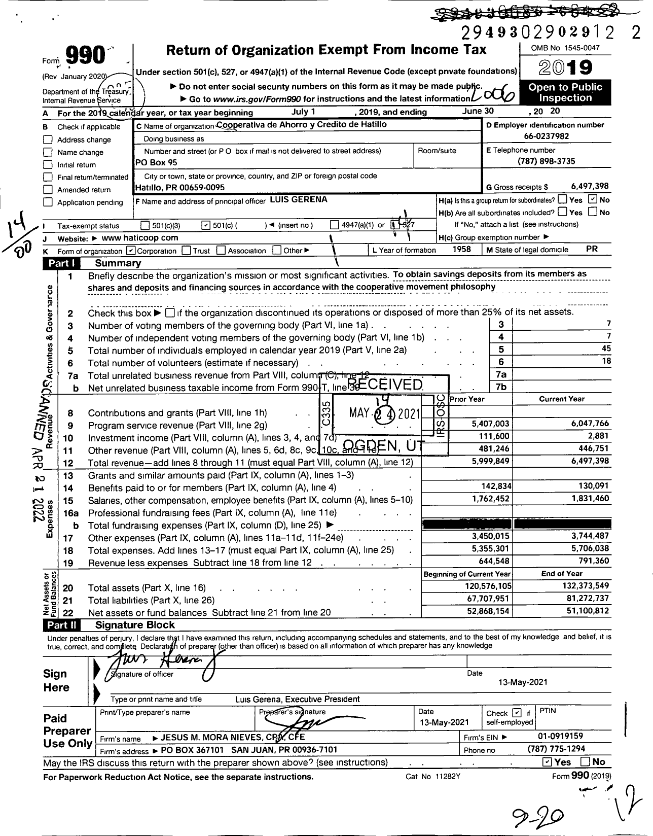 Image of first page of 2019 Form 990O for Cooperativa de Ahorro Y Credito Hatillo