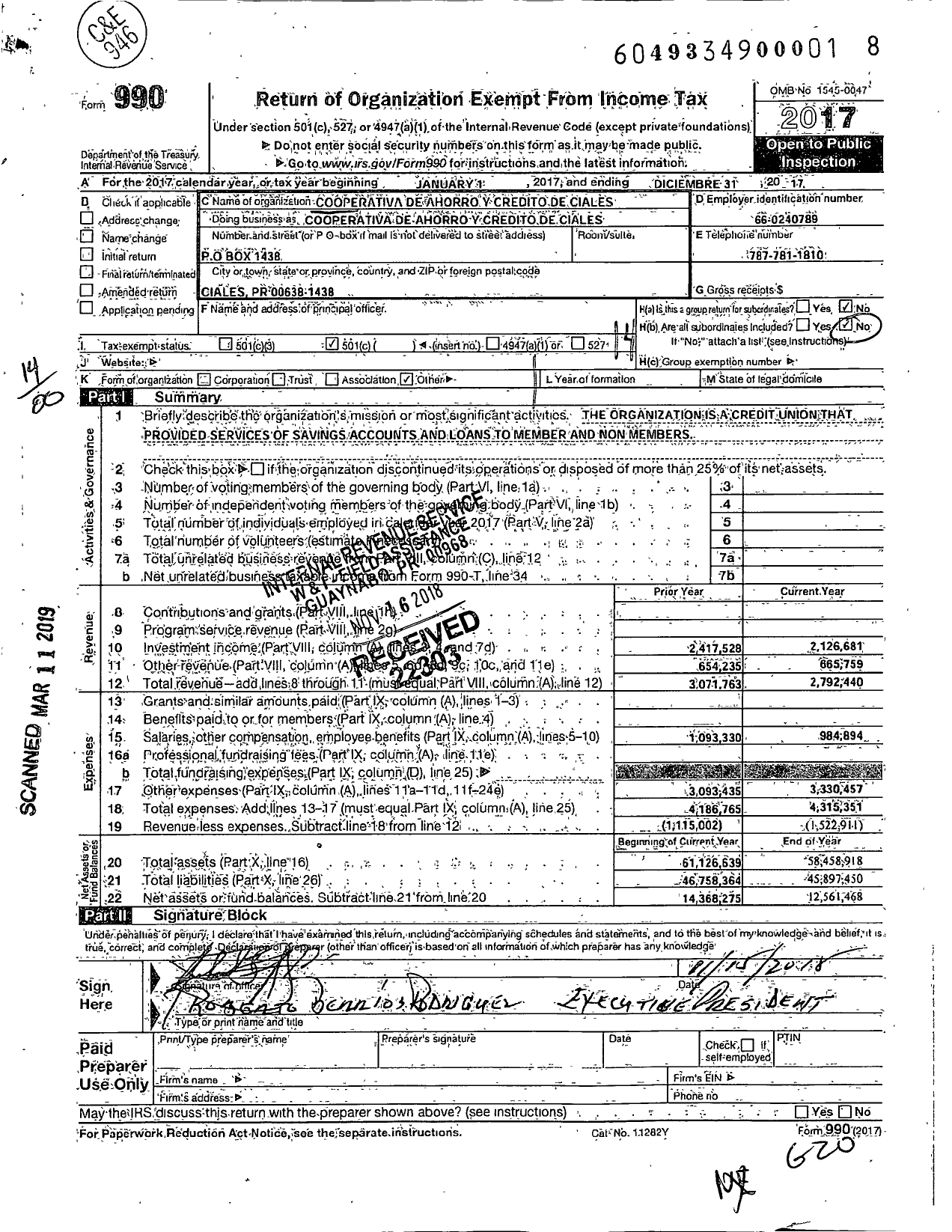 Image of first page of 2017 Form 990O for Cooperativa de Ahorro Y Credito de Ciales