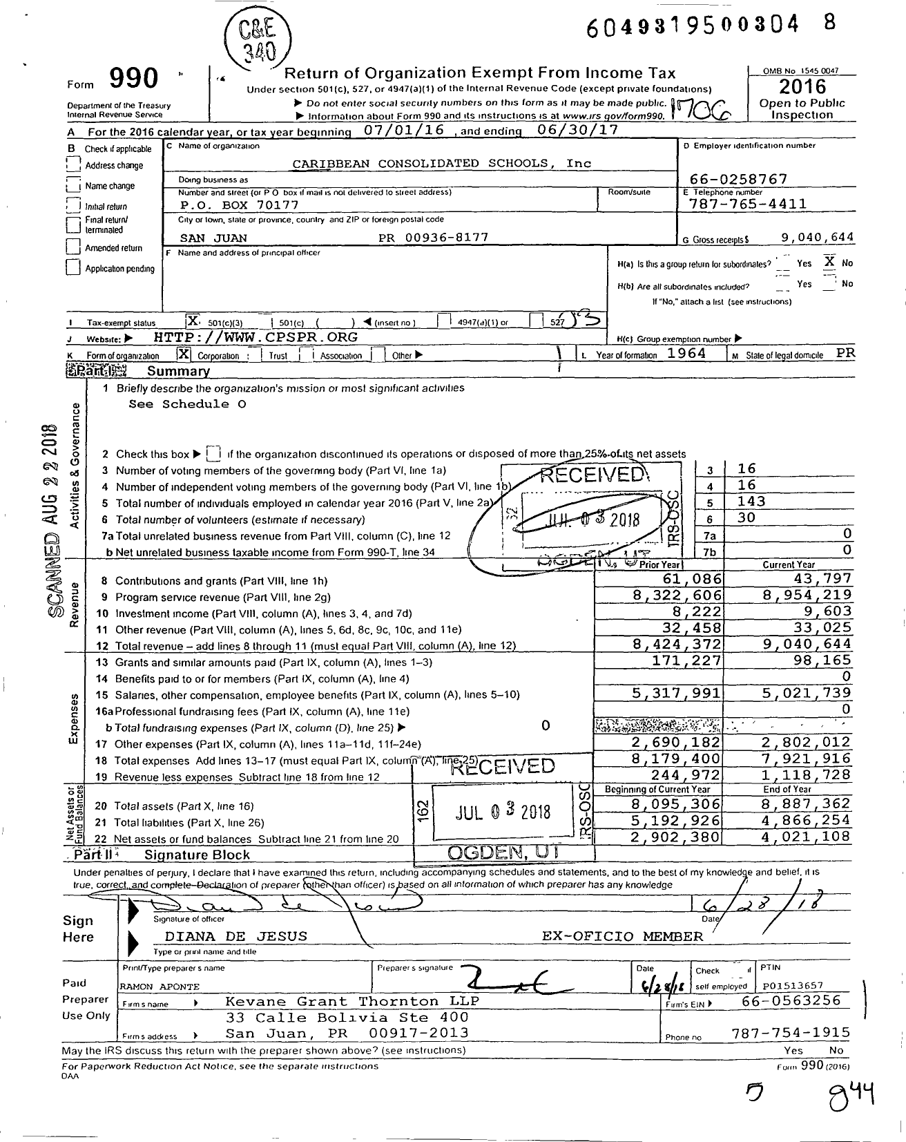 Image of first page of 2016 Form 990 for Caribbean Consolidated Schools