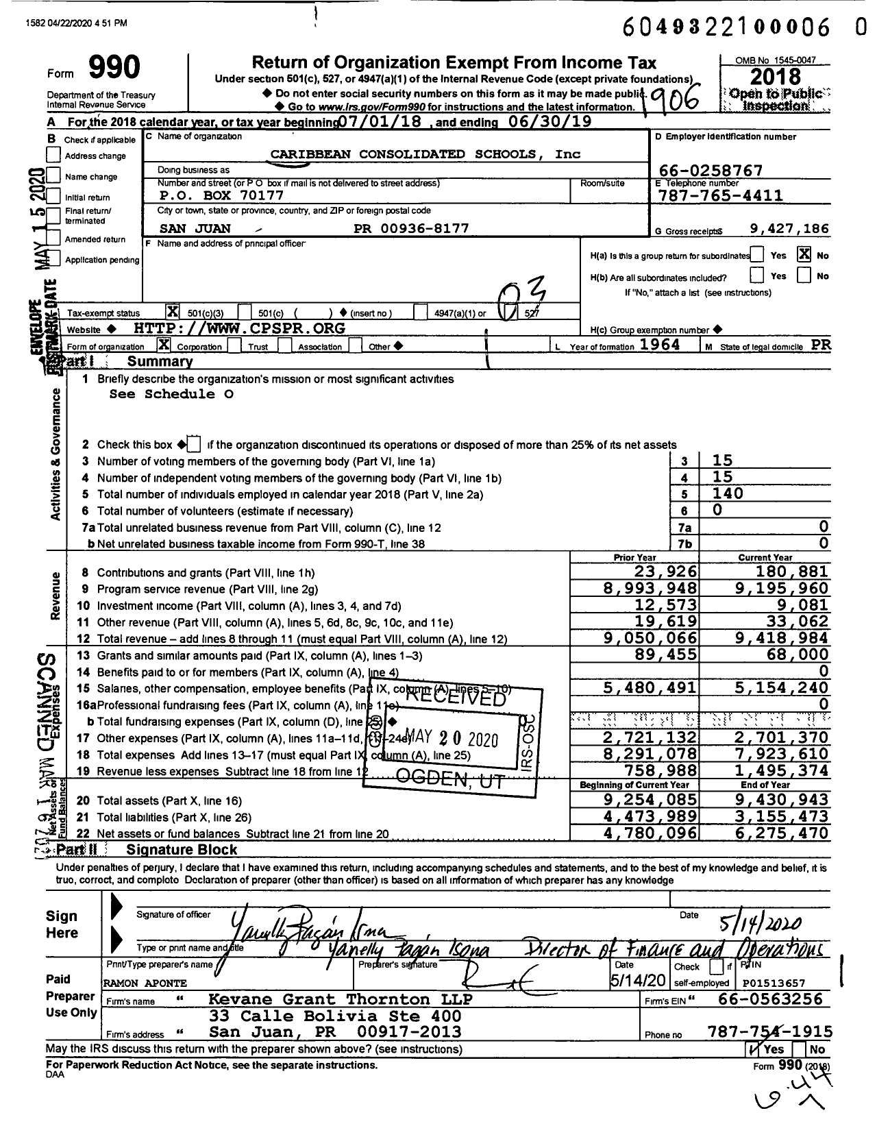 Image of first page of 2018 Form 990 for Caribbean Consolidated Schools