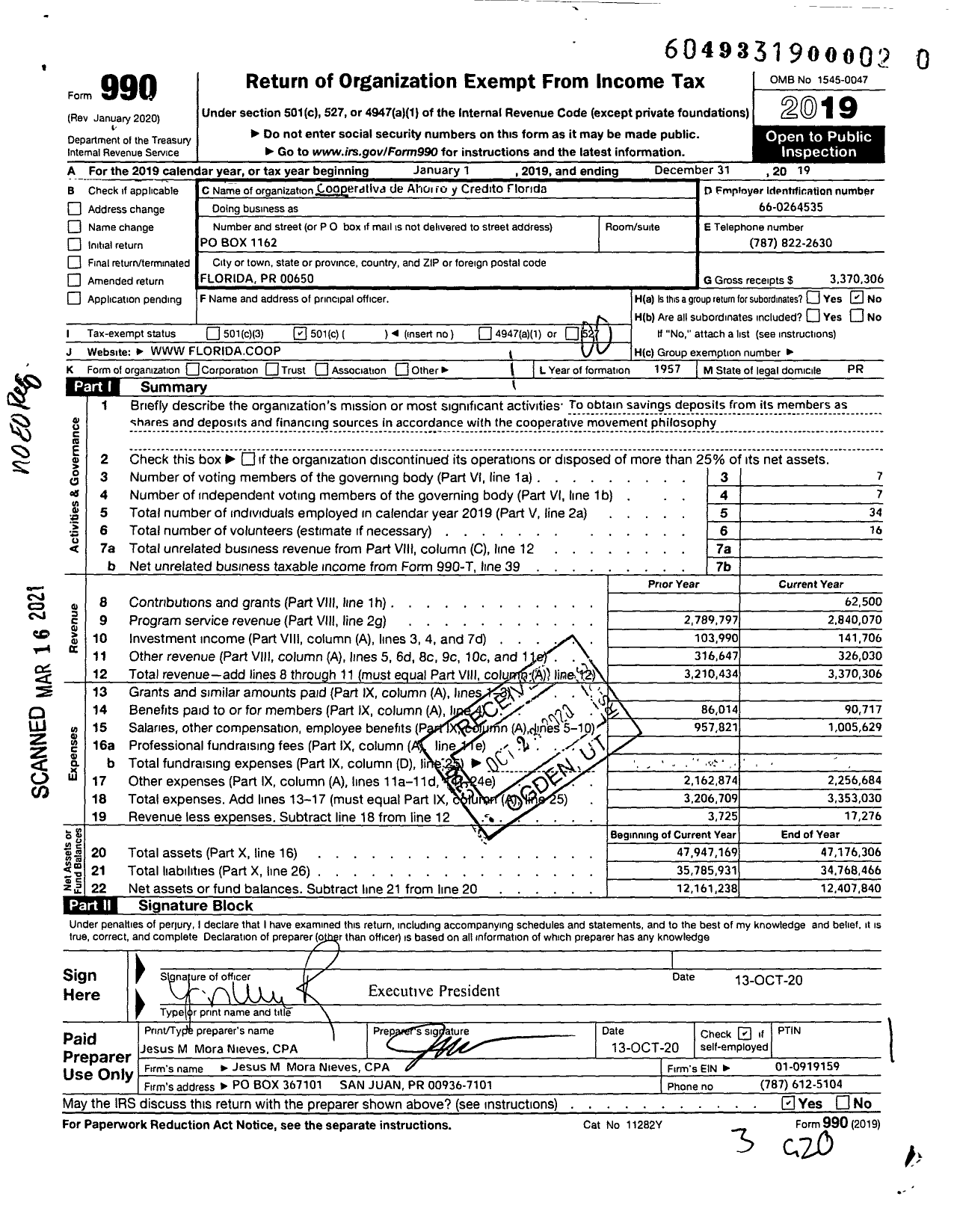 Image of first page of 2019 Form 990O for Cooperativa de Ahorro Y Credito de Florida