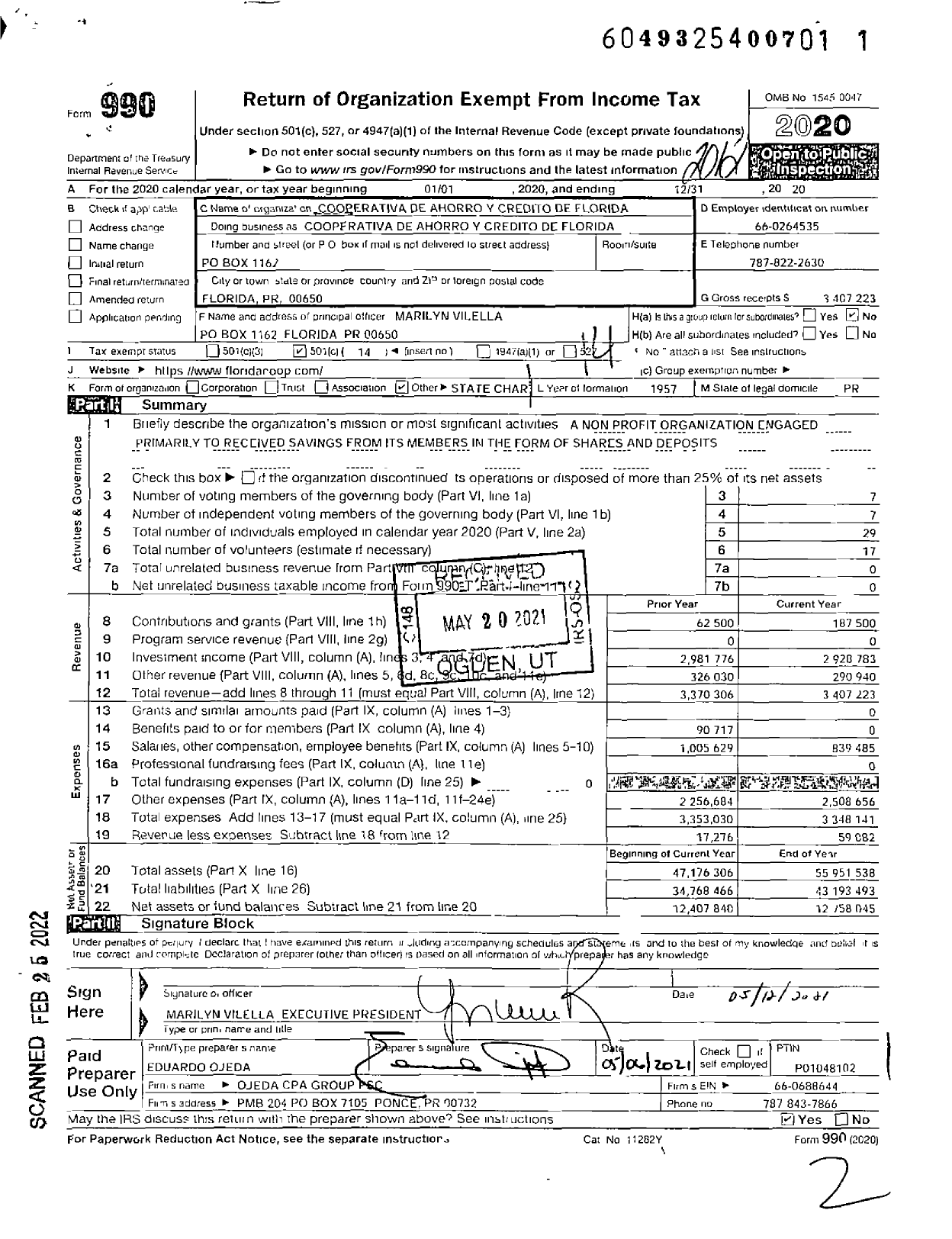 Image of first page of 2020 Form 990O for Cooperativa de Ahorro Y Credito de Florida