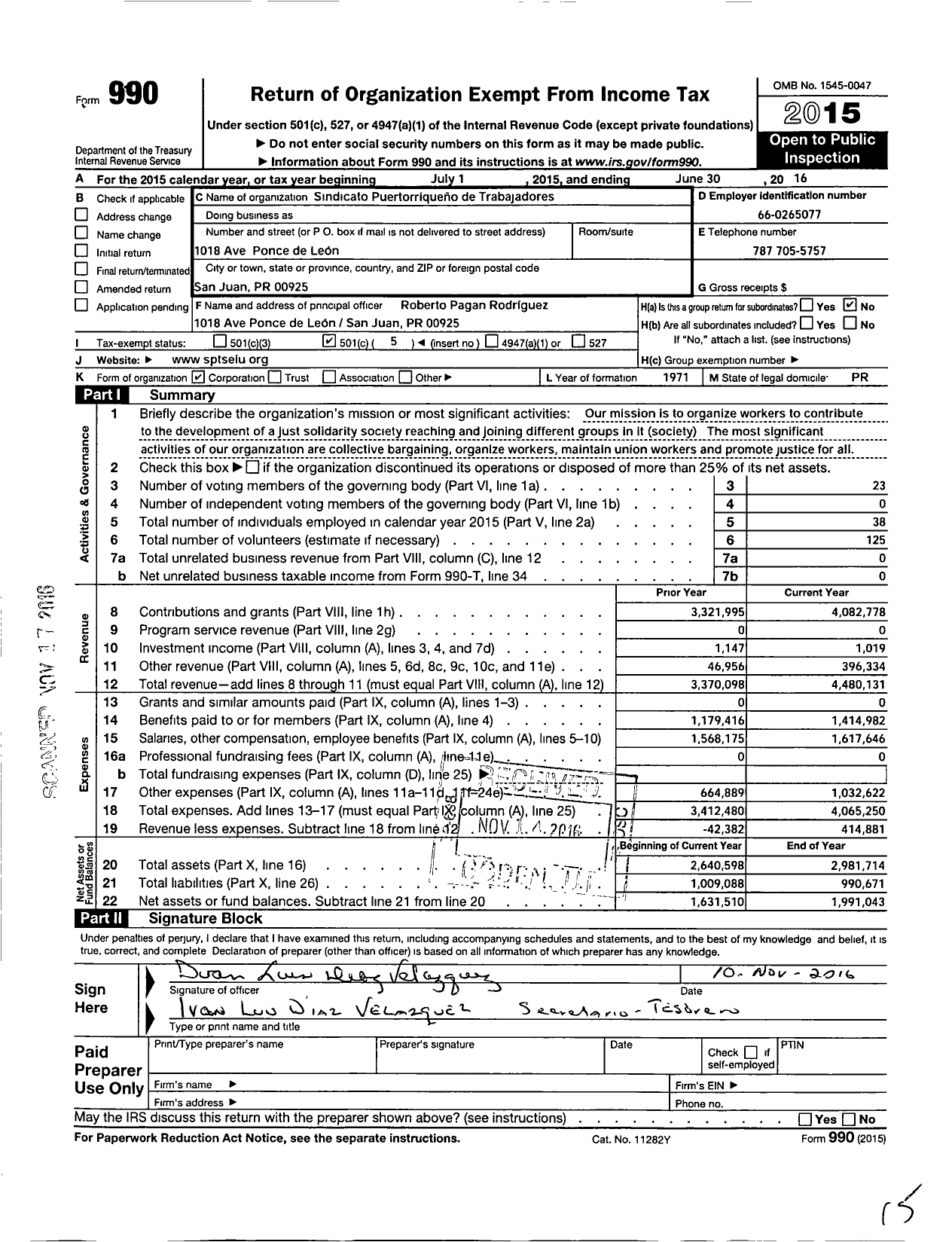 Image of first page of 2015 Form 990O for Service Employees International Union - Afiliado