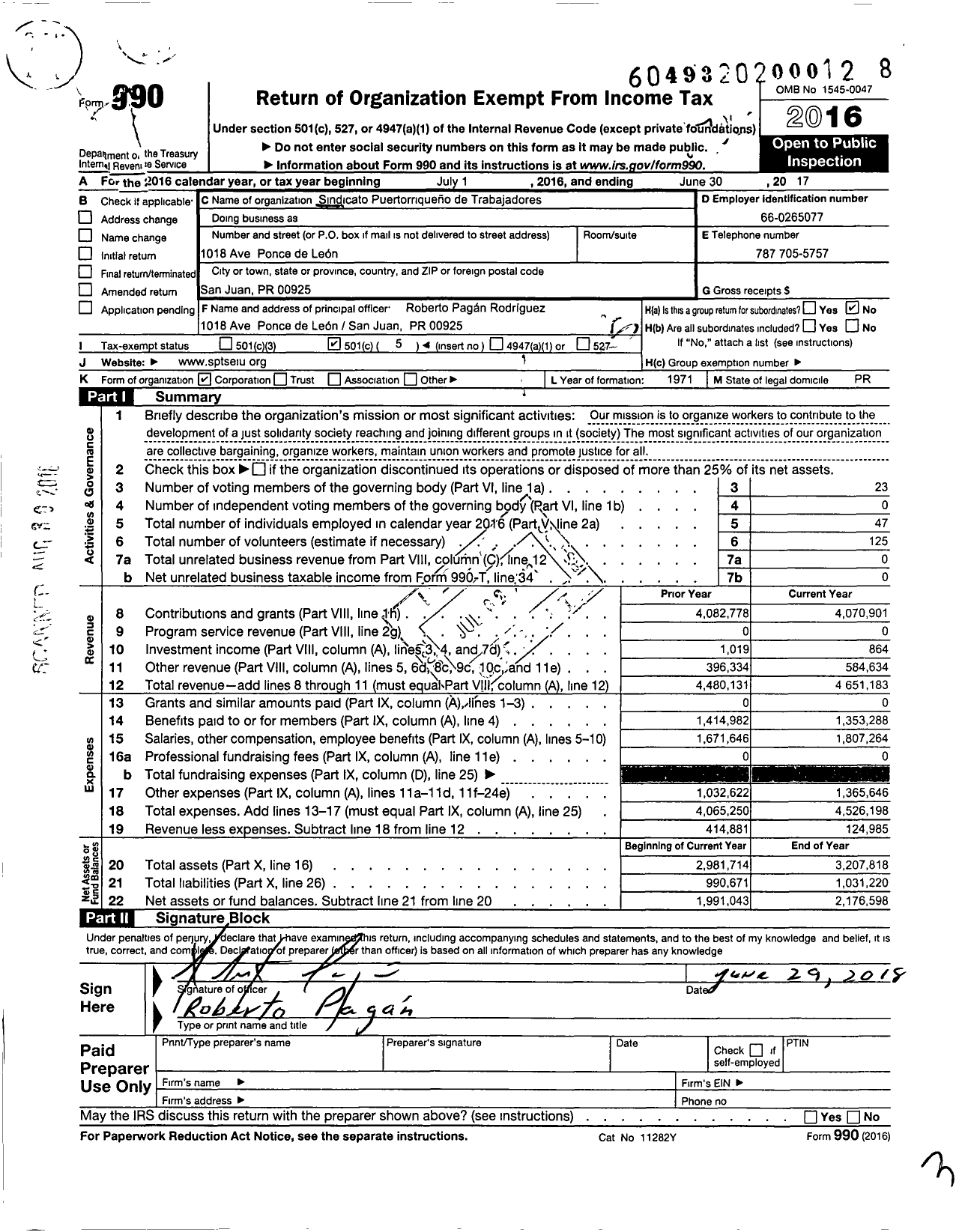 Image of first page of 2016 Form 990O for Service Employees International Union - Afiliado