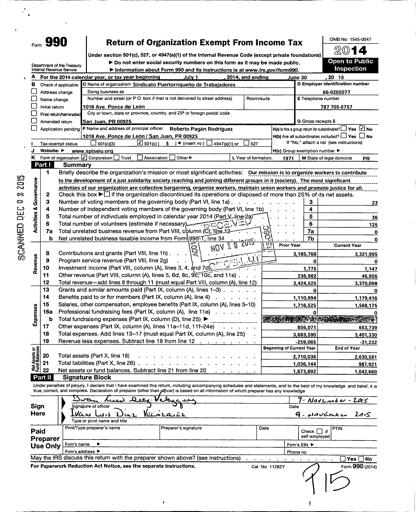 Image of first page of 2014 Form 990O for Service Employees International Union - Afiliado