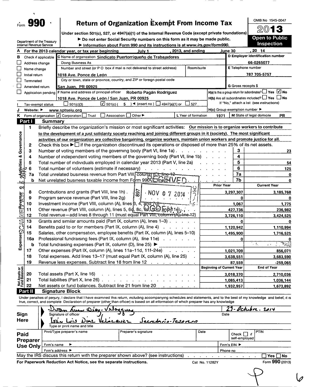 Image of first page of 2013 Form 990O for Service Employees International Union - Afiliado