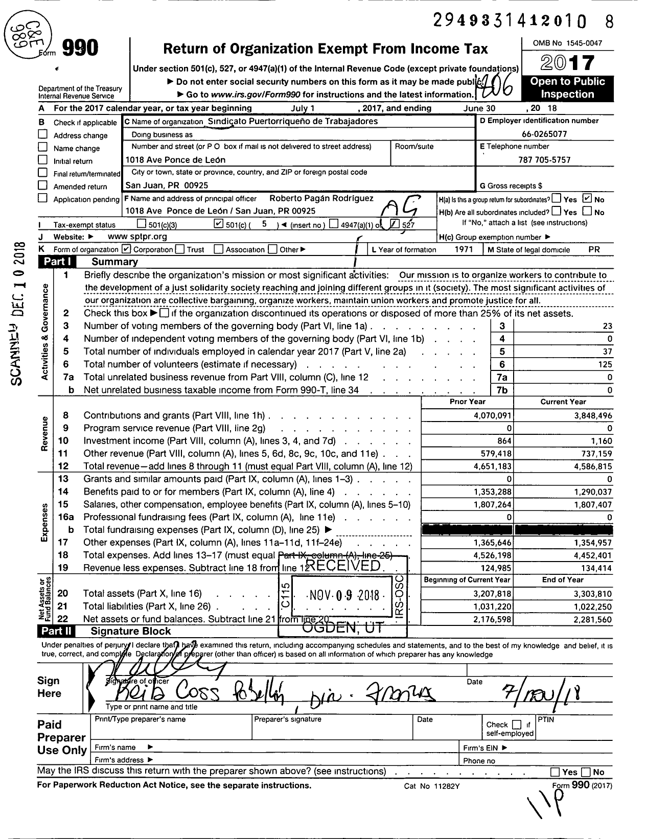 Image of first page of 2017 Form 990O for Service Employees International Union - Afiliado