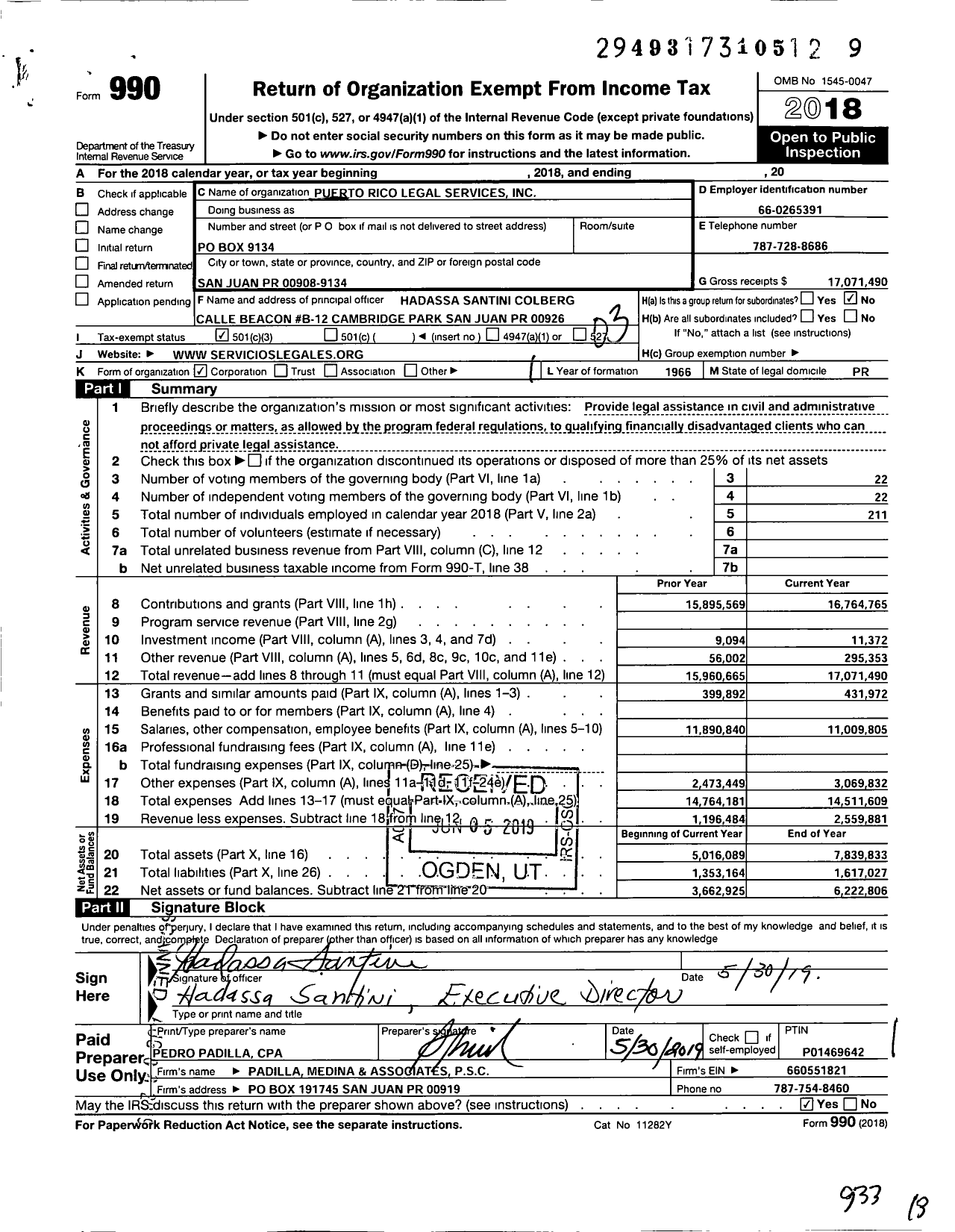 Image of first page of 2018 Form 990 for Puerto Rico Legal Services (SLPR)