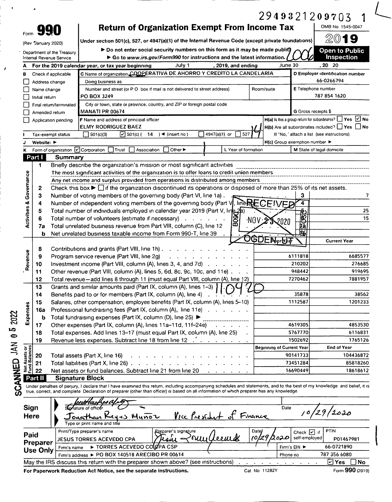 Image of first page of 2019 Form 990O for Cooperativa de Ahorro Y Credito La Candelaria