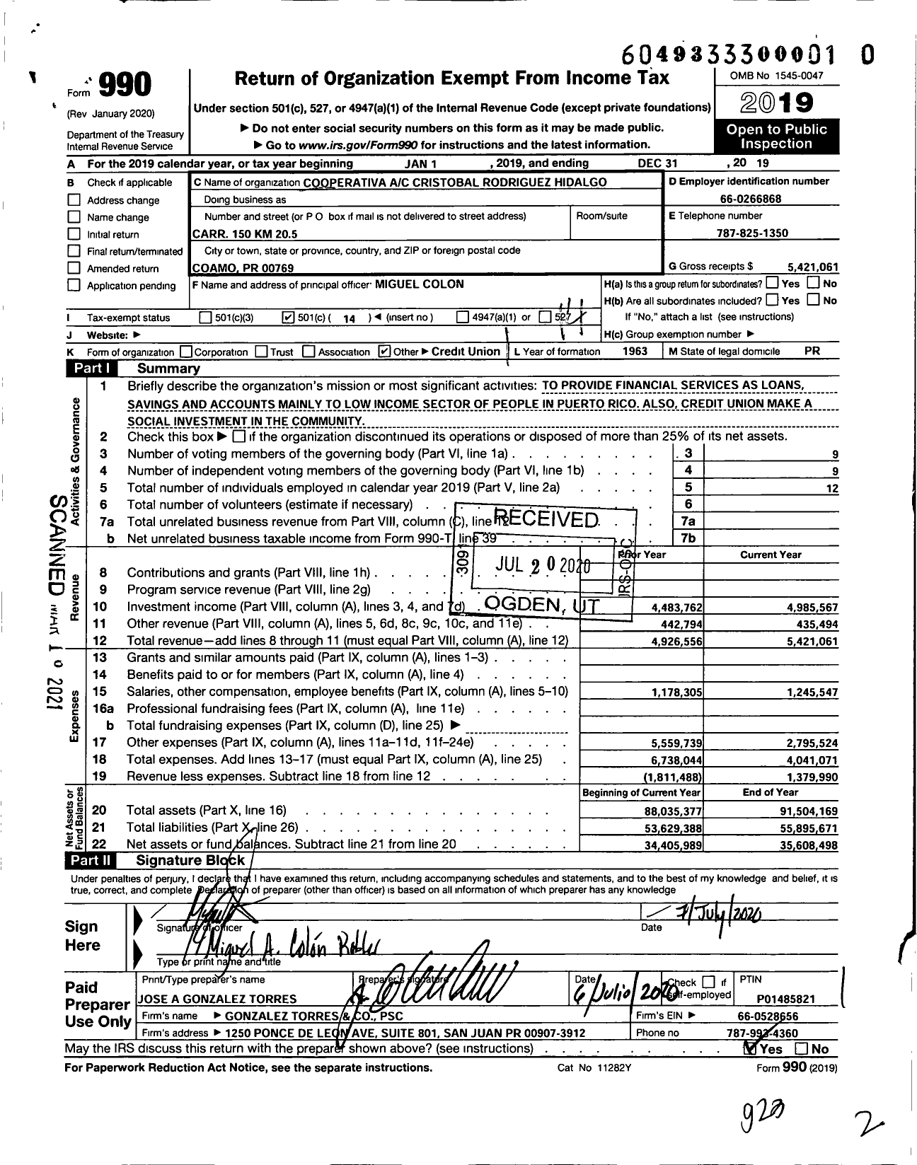 Image of first page of 2019 Form 990O for Cooperativa de Ahorro y Credito Cristobal Rodriguez Hidalgo