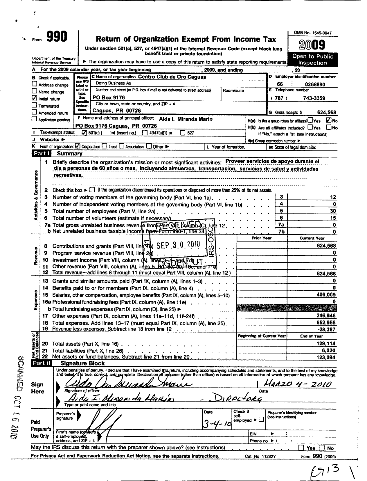 Image of first page of 2009 Form 990O for Club de Oro Caguas PR