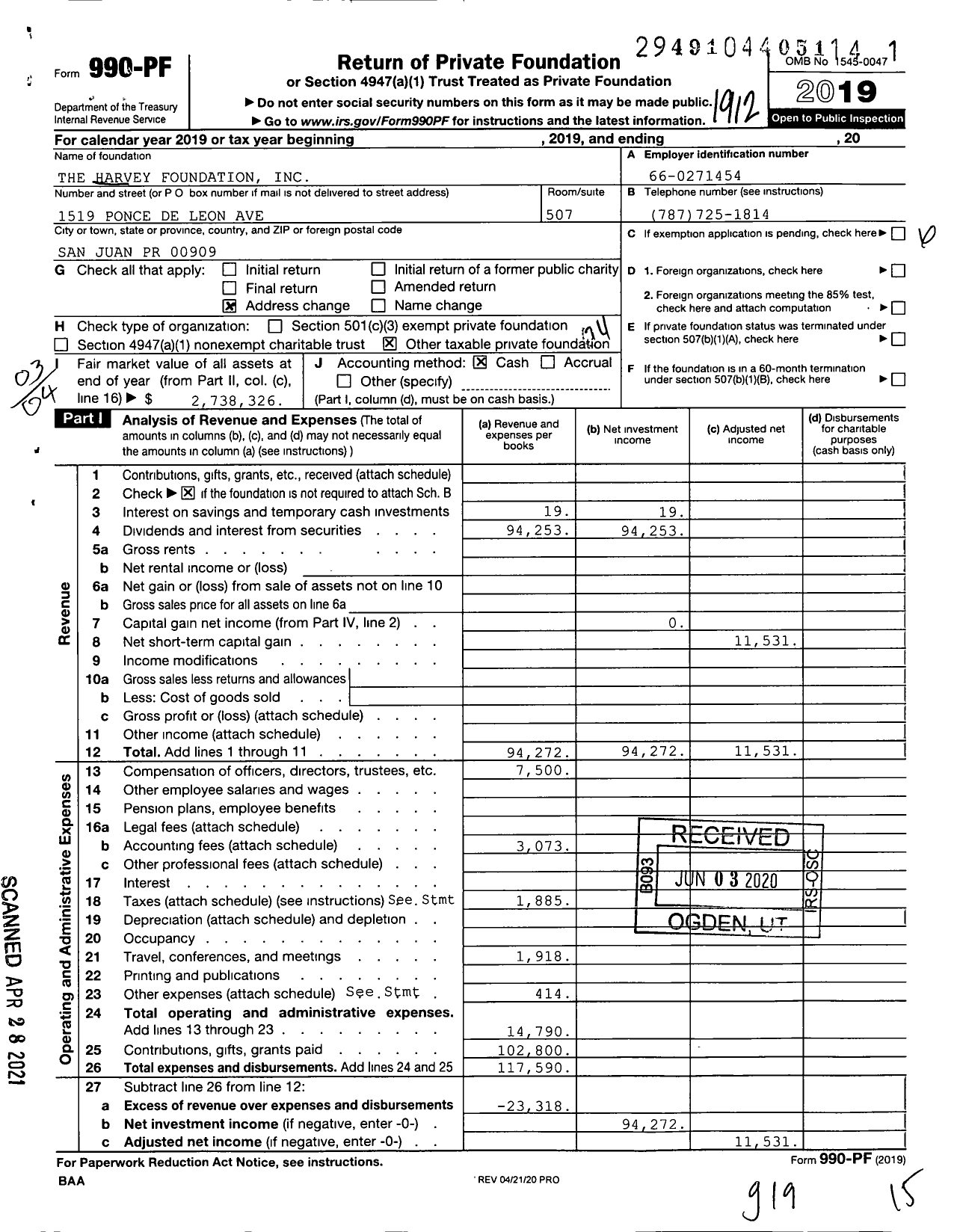 Image of first page of 2019 Form 990PF for The Harvey Foundation