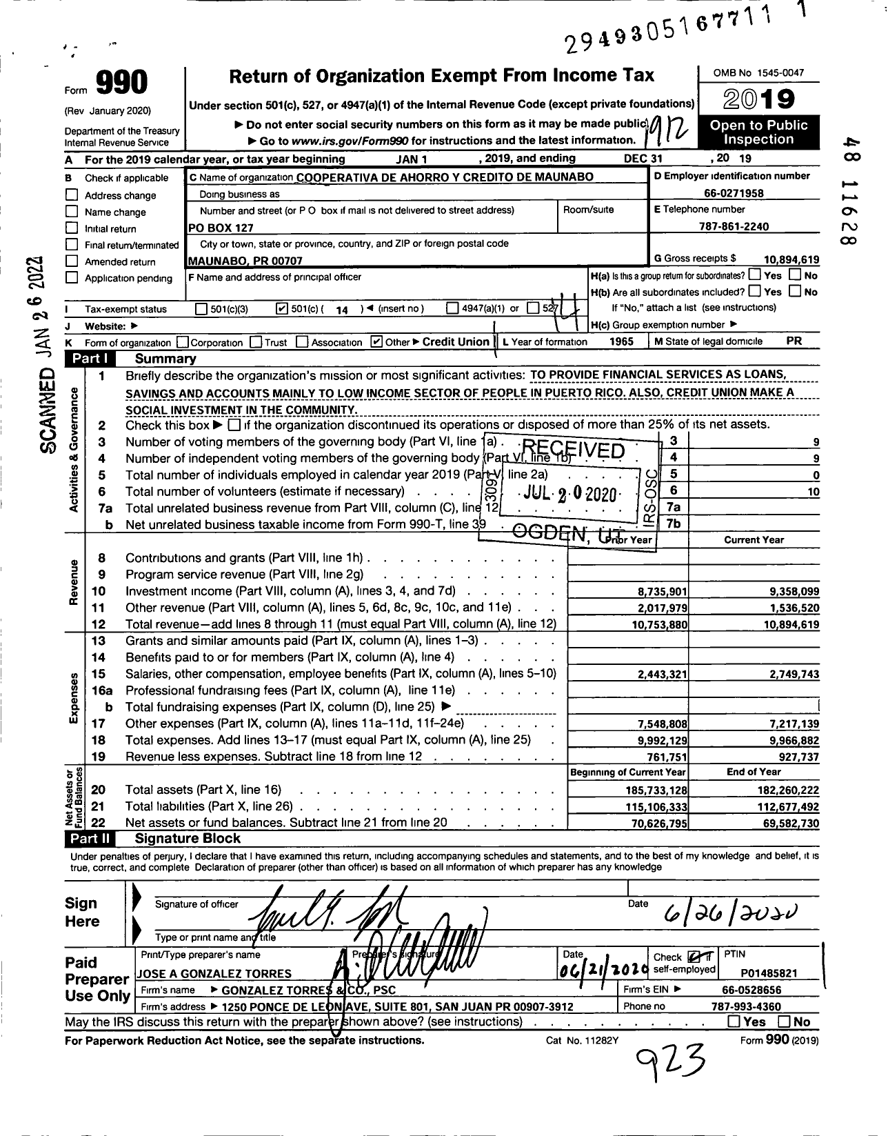 Image of first page of 2019 Form 990O for Cooperativa de Ahorro Y Credito de Maunabo