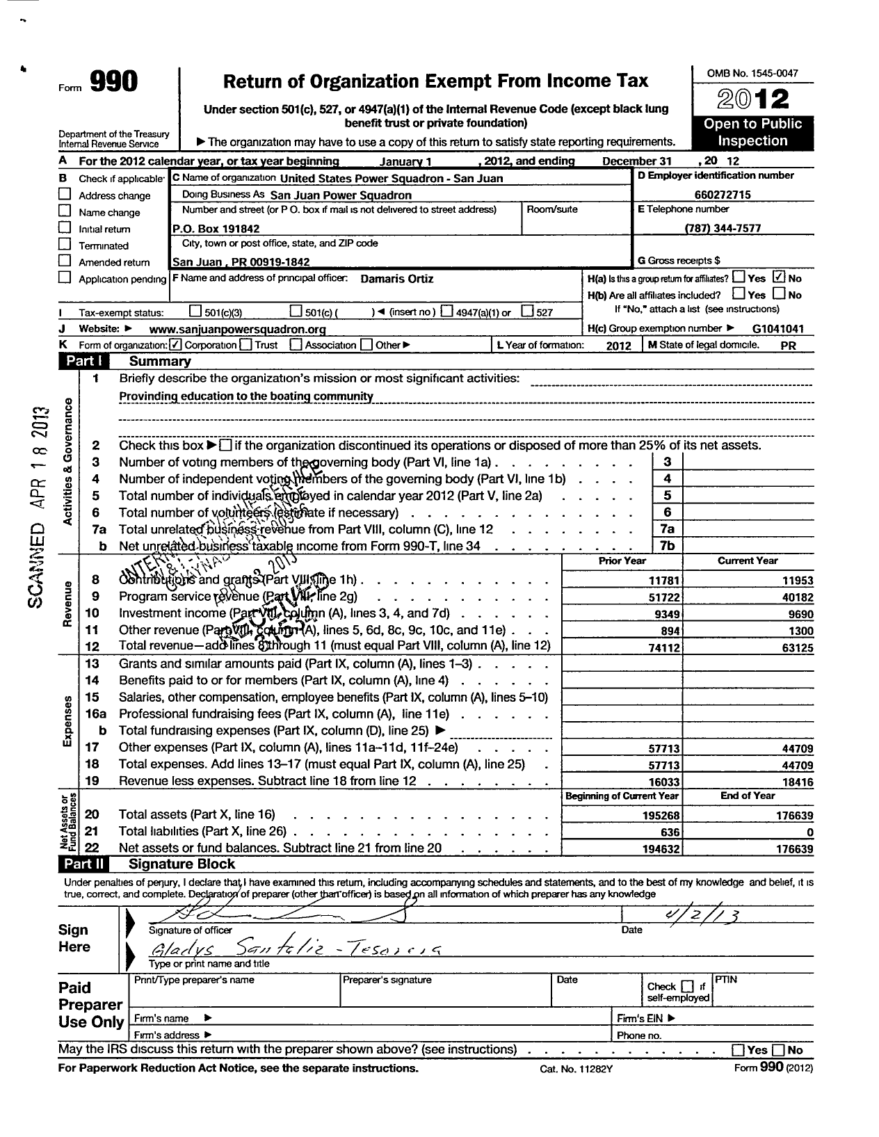 Image of first page of 2012 Form 990O for United States Power Squadrons