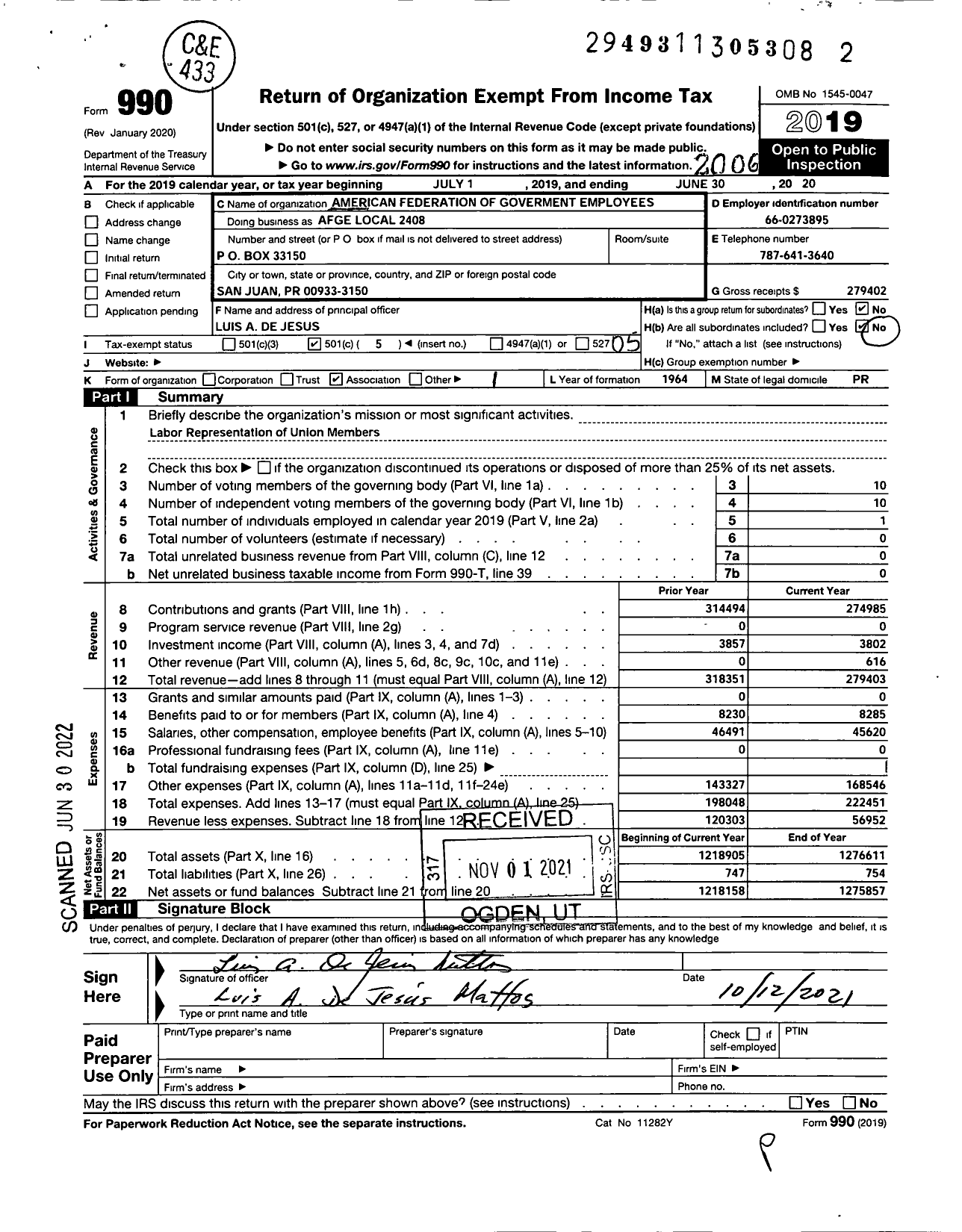 Image of first page of 2019 Form 990O for American Federation of Government Employees - Afge Local 2408
