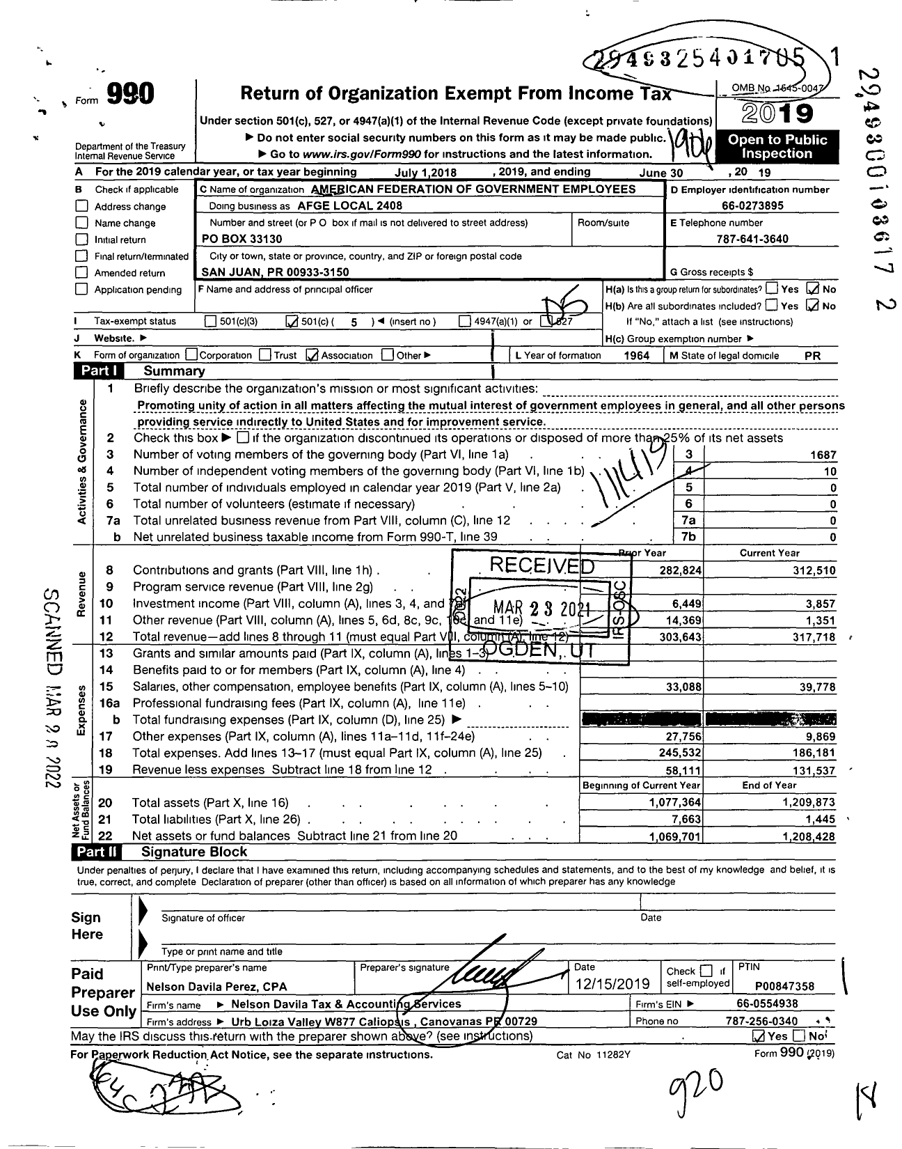 Image of first page of 2018 Form 990O for American Federation of Government Employees - Afge Local 2408