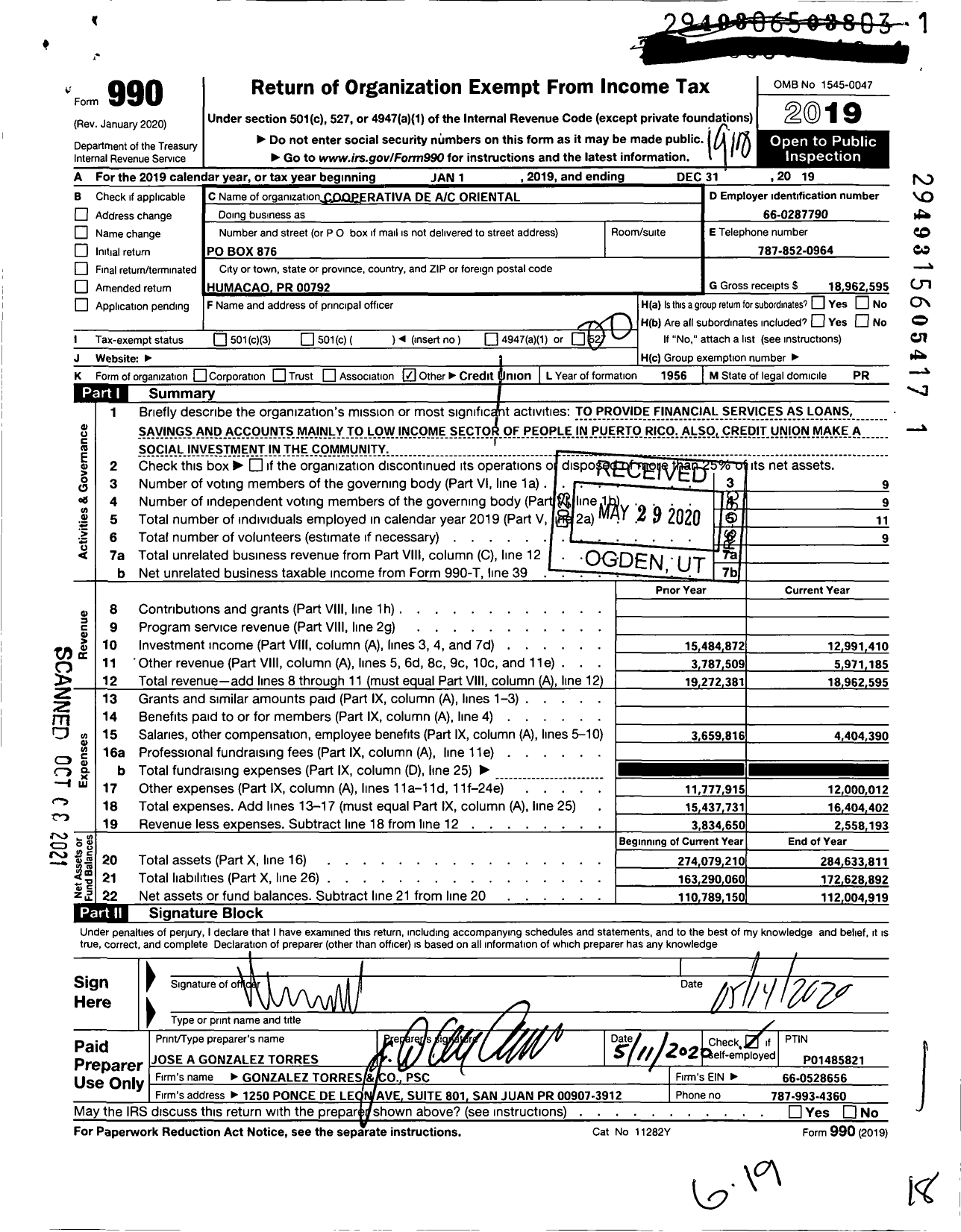 Image of first page of 2019 Form 990O for Cooperativa de Ahorro Y Credito Oriental