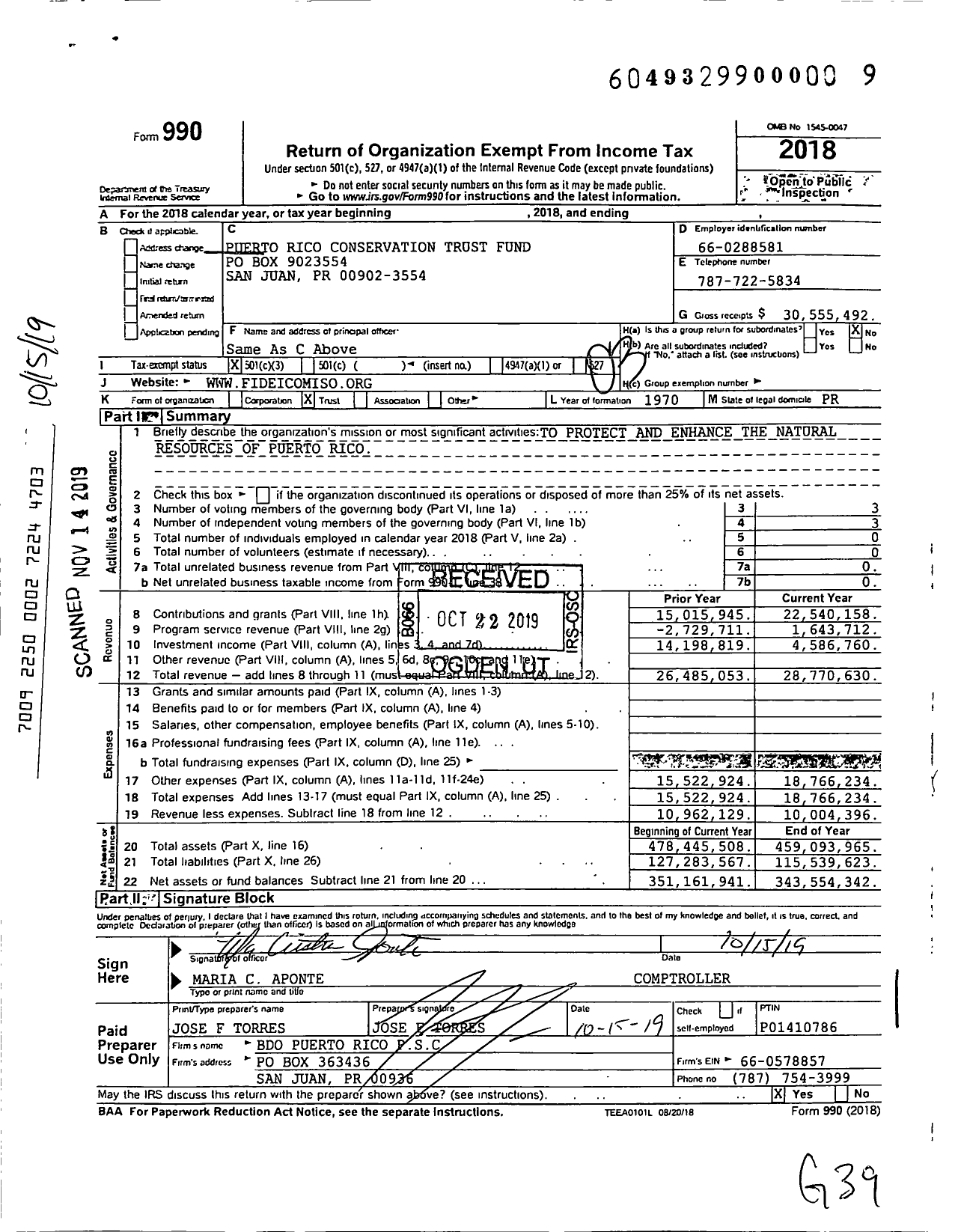 Image of first page of 2018 Form 990 for Puerto Rico Conservation Trust (CTPR)