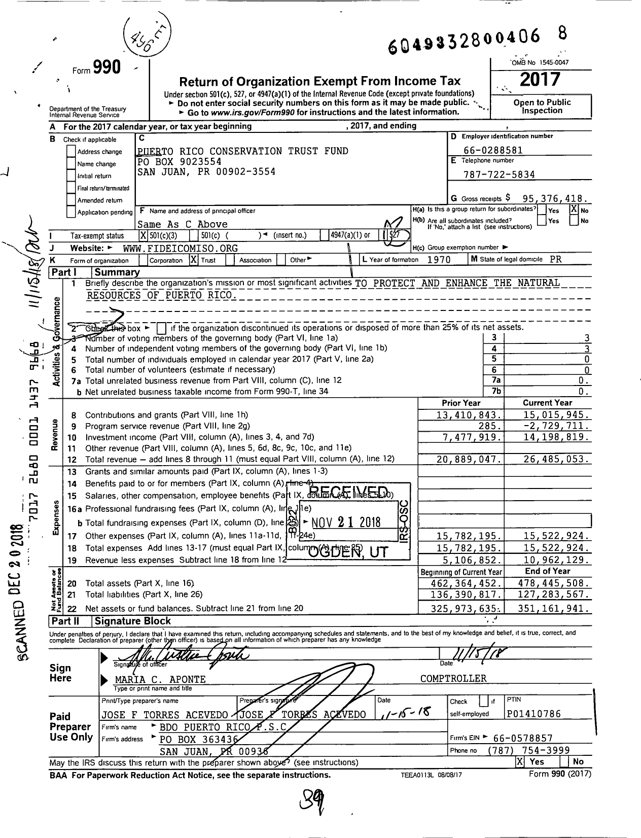 Image of first page of 2017 Form 990 for Puerto Rico Conservation Trust (CTPR)
