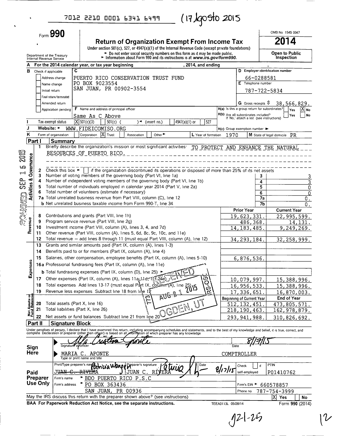 Image of first page of 2014 Form 990 for Puerto Rico Conservation Trust (CTPR)