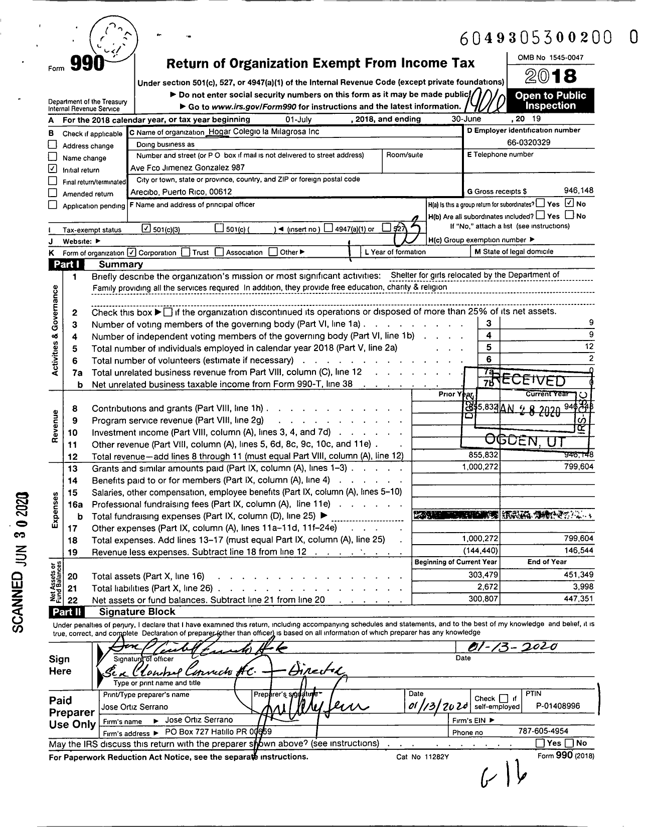 Image of first page of 2018 Form 990 for Hogar Colegio La Milagrosa