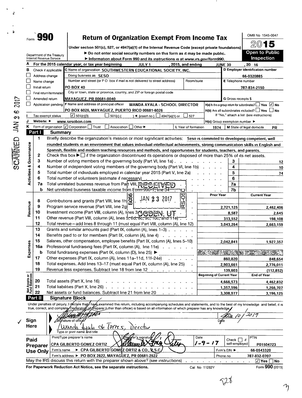 Image of first page of 2015 Form 990 for Southwestern Educational Society (SESO)