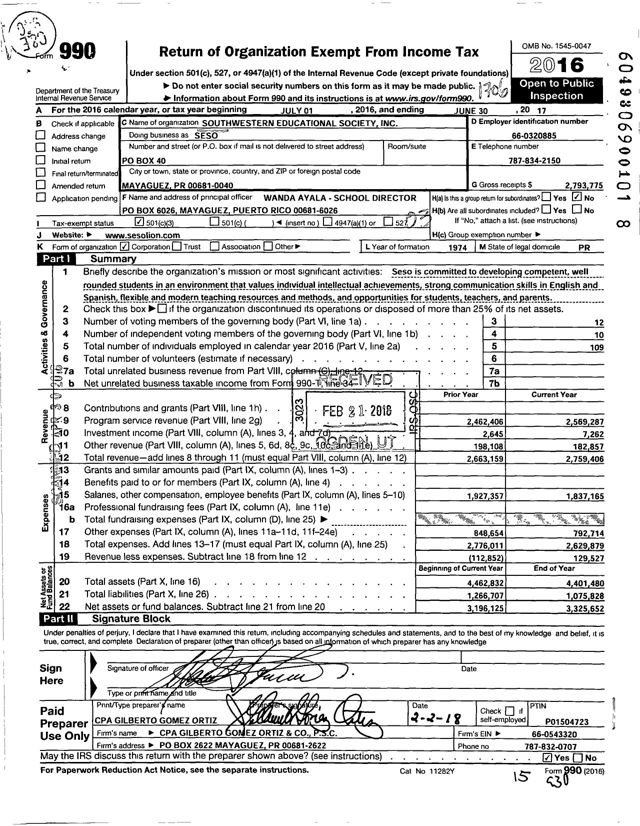 Image of first page of 2016 Form 990 for Southwestern Educational Society (SESO)
