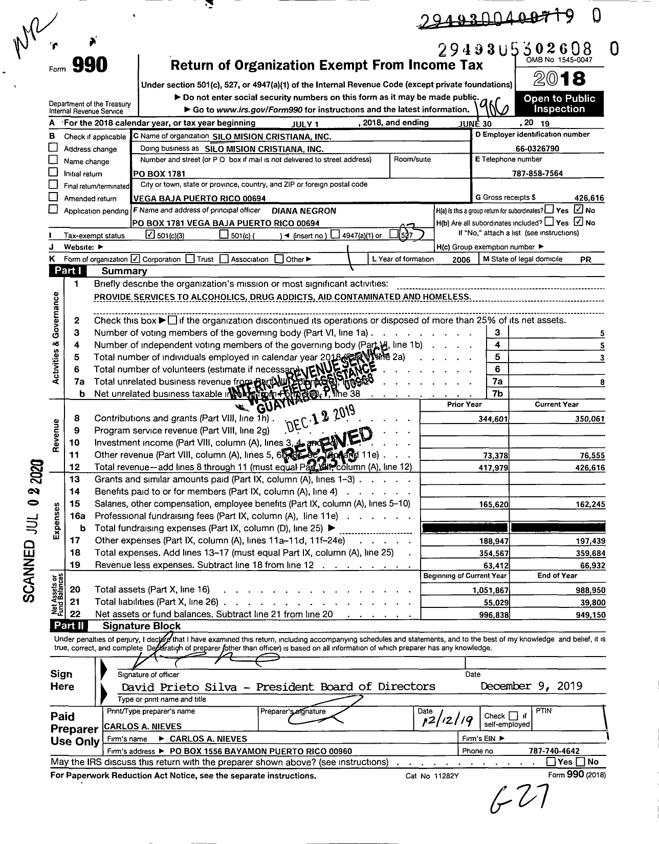 Image of first page of 2018 Form 990 for Silo Mision Cristiana