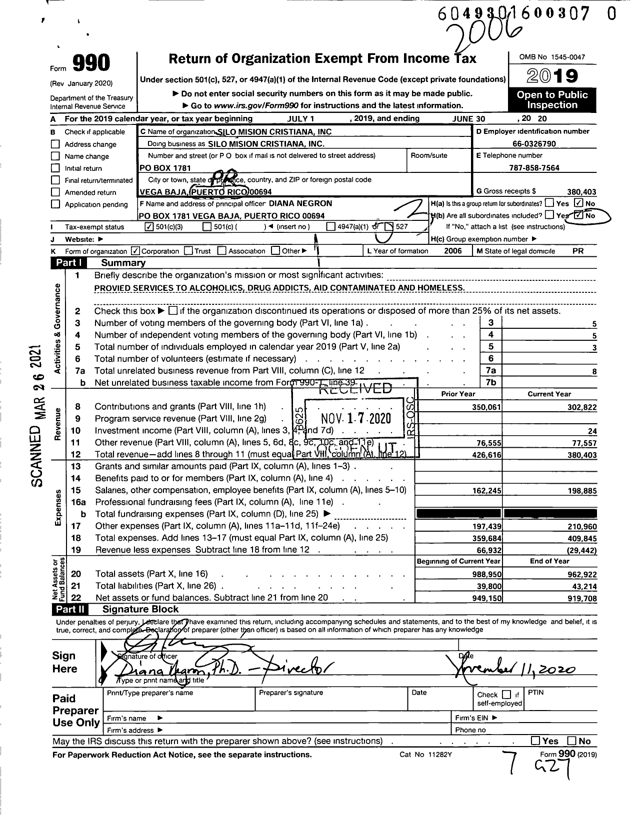 Image of first page of 2019 Form 990 for Silo Mision Cristiana