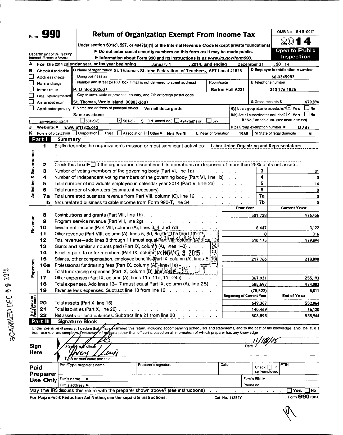 Image of first page of 2014 Form 990O for American Federation of Teachers - St Thomas St John Federation of Teachers