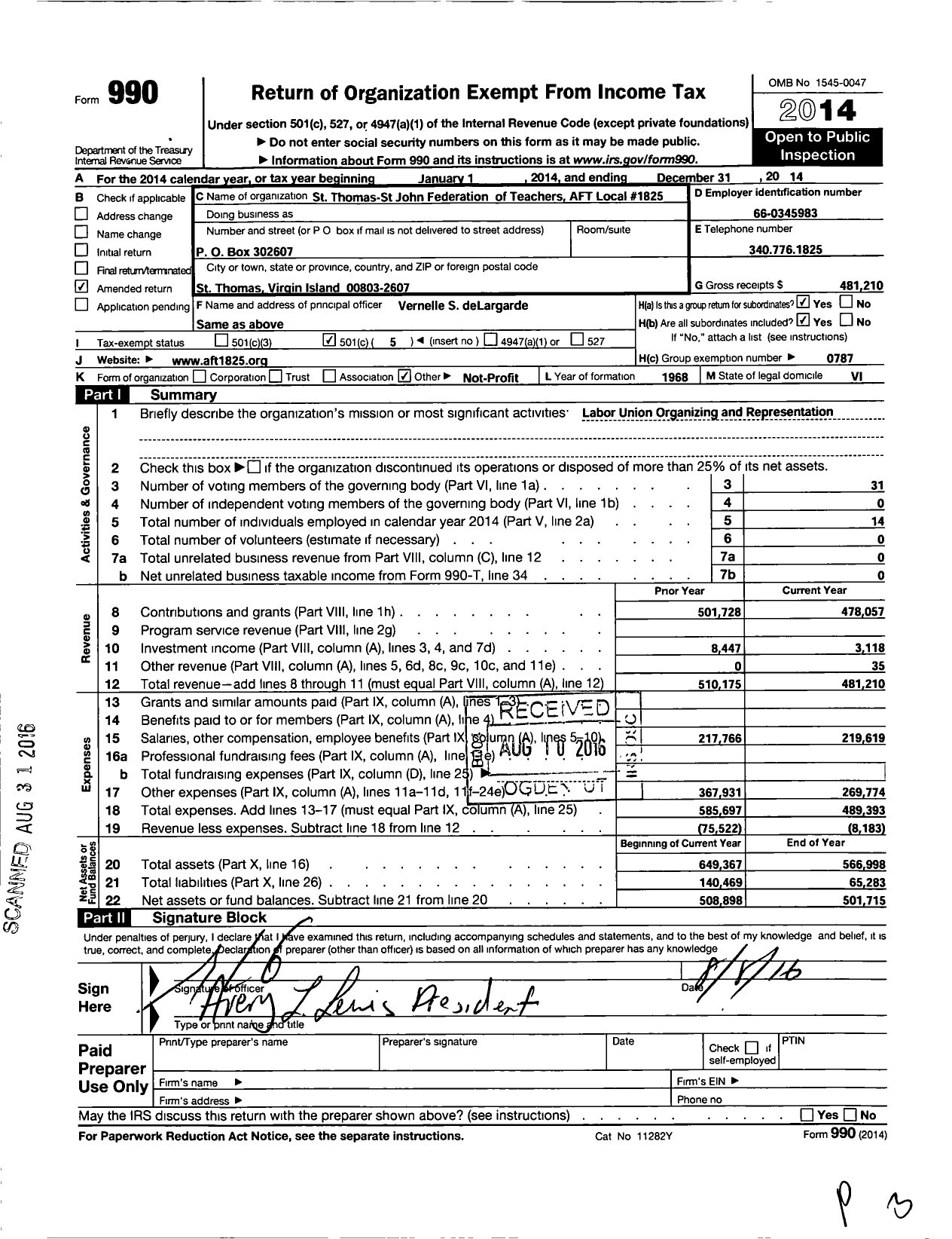 Image of first page of 2014 Form 990O for American Federation of Teachers - St Thomas St John Federation of Teachers