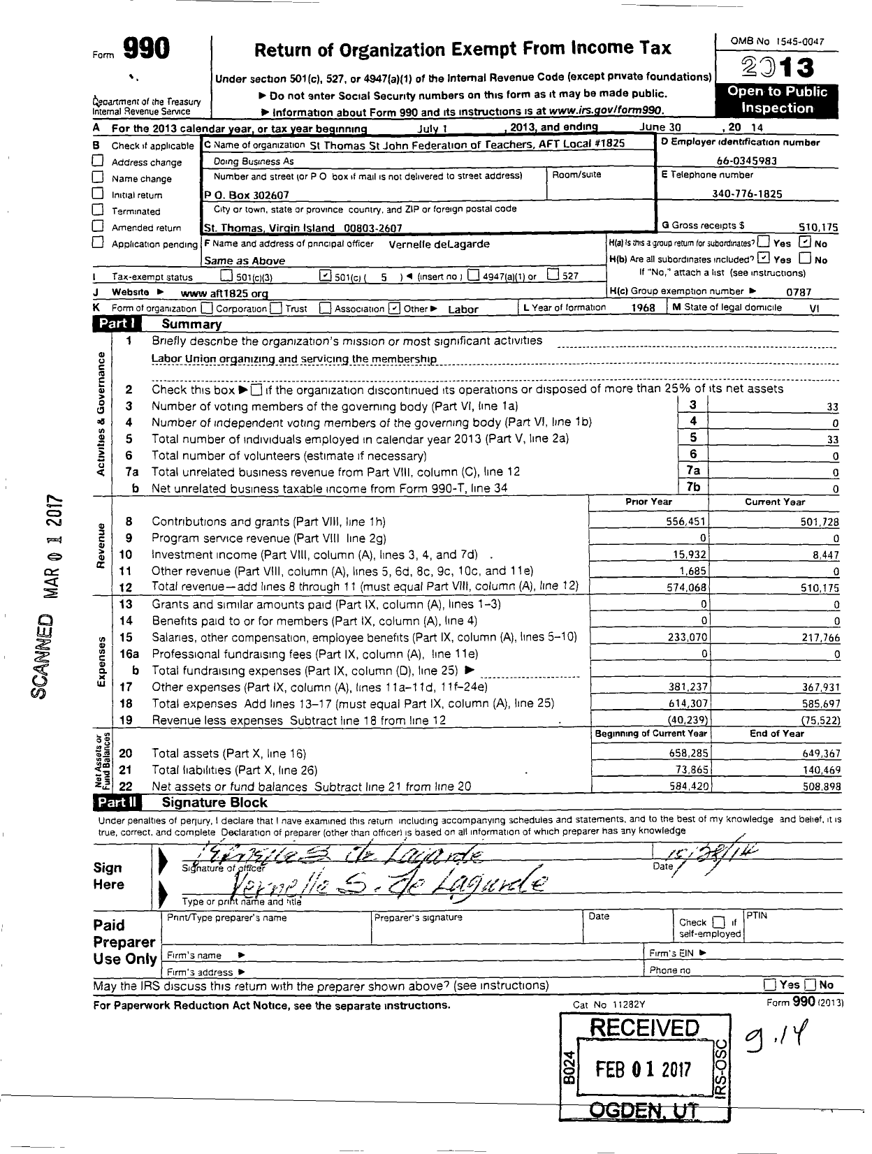 Image of first page of 2013 Form 990O for American Federation of Teachers - St Thomas St John Federation of Teachers