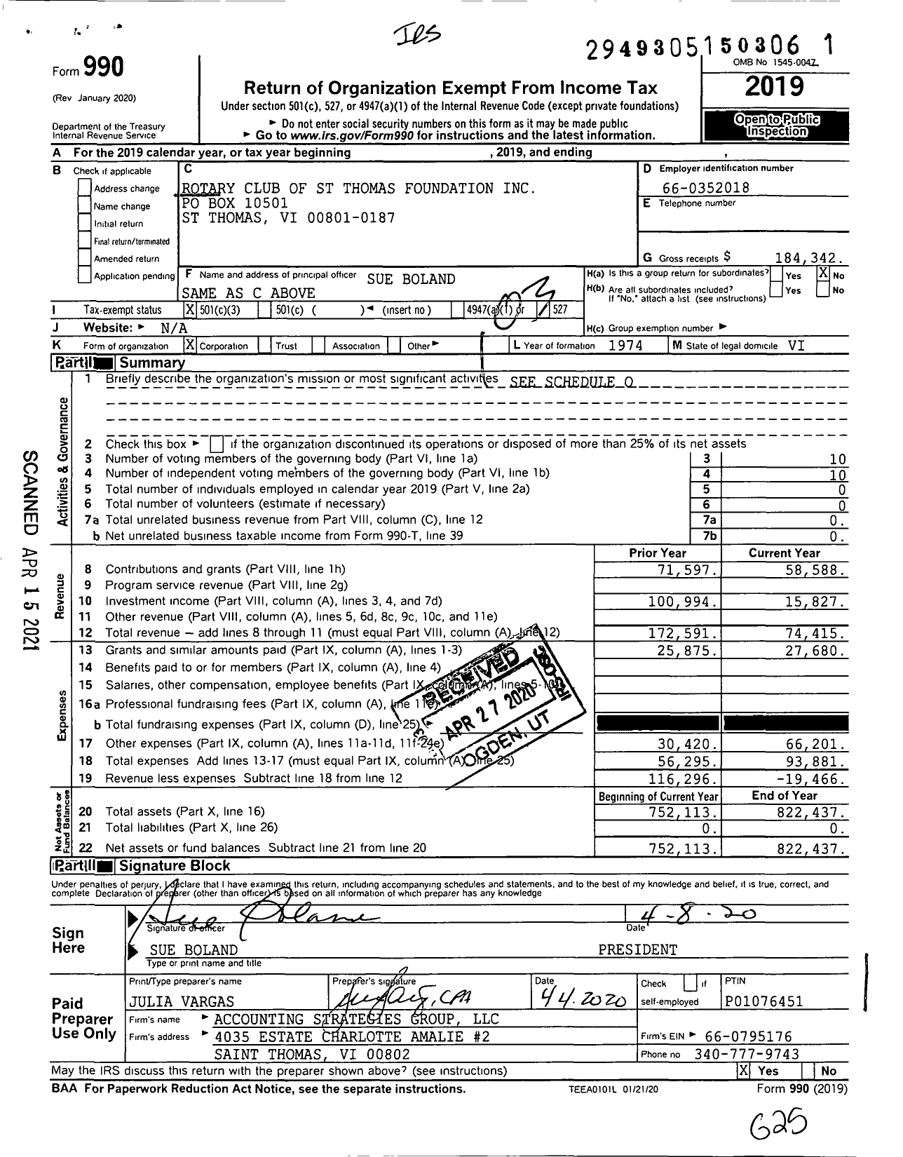 Image of first page of 2019 Form 990 for Rotary Club of St Thomas Foundation