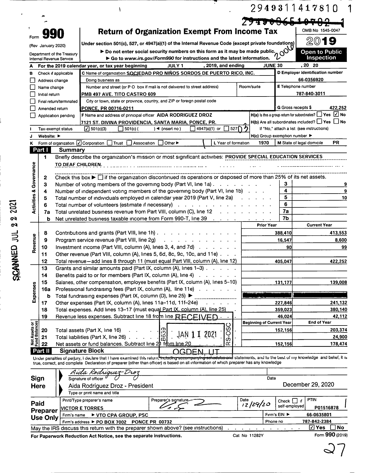 Image of first page of 2019 Form 990 for Sociedad Pro Ninos Sordos de Puerto Rico