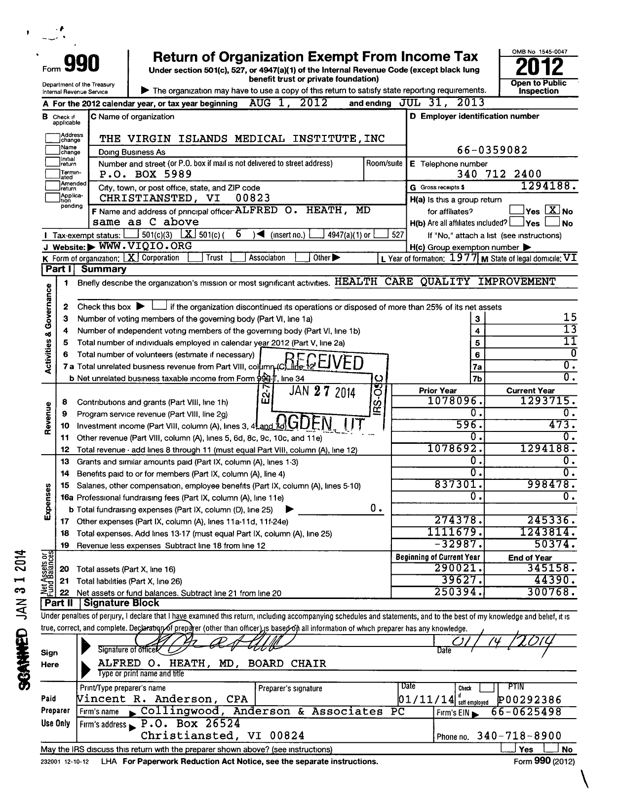 Image of first page of 2012 Form 990O for Virgin Islands Medical Institute (VIMI)