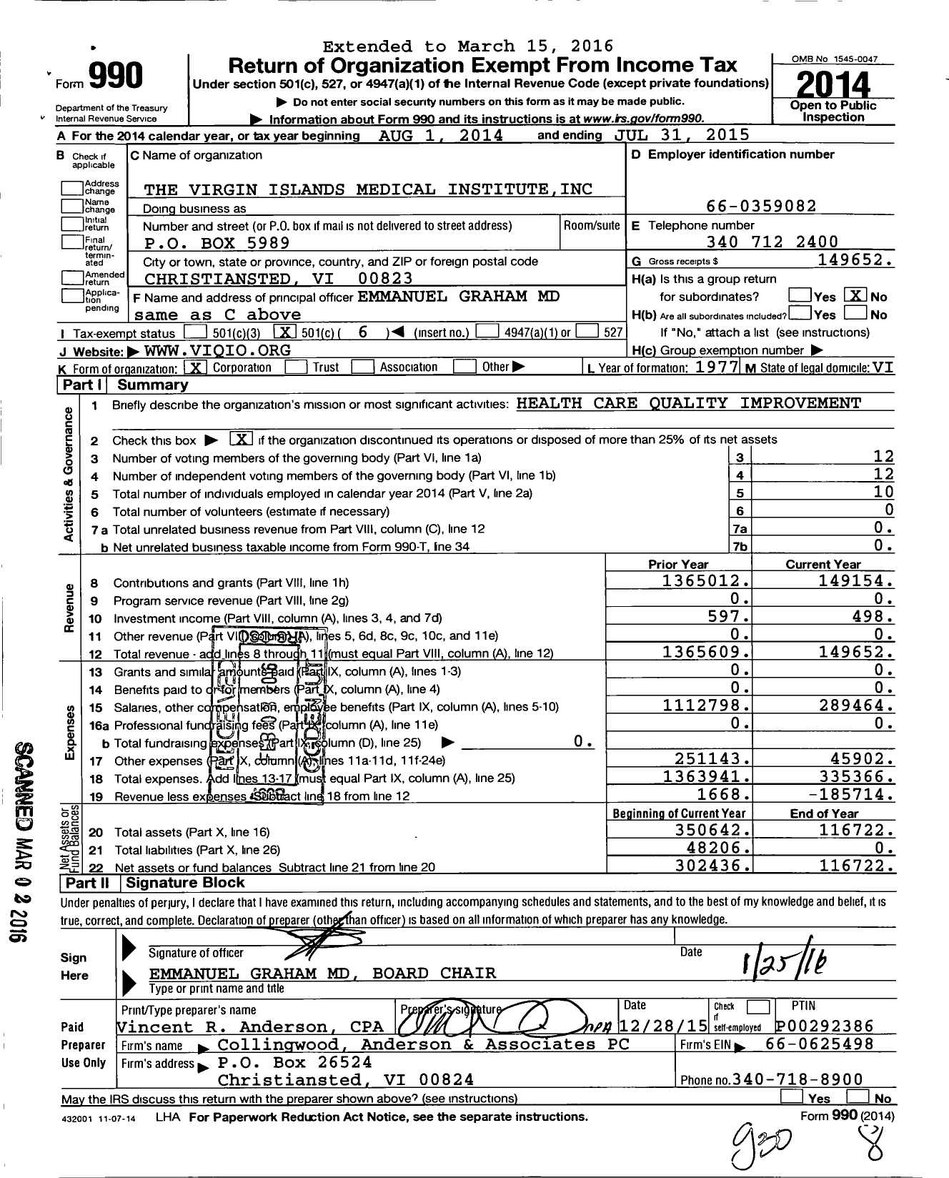 Image of first page of 2014 Form 990O for Virgin Islands Medical Institute (VIMI)