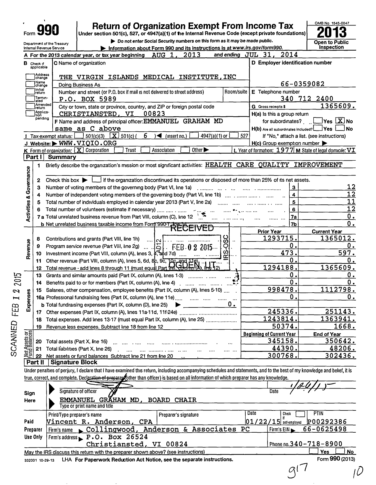 Image of first page of 2013 Form 990O for Virgin Islands Medical Institute (VIMI)