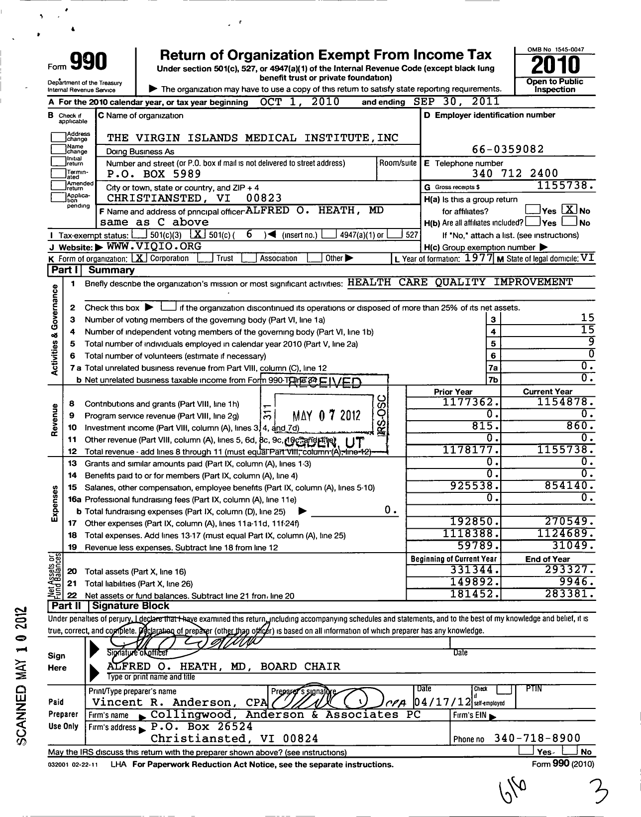 Image of first page of 2010 Form 990O for Virgin Islands Medical Institute (VIMI)