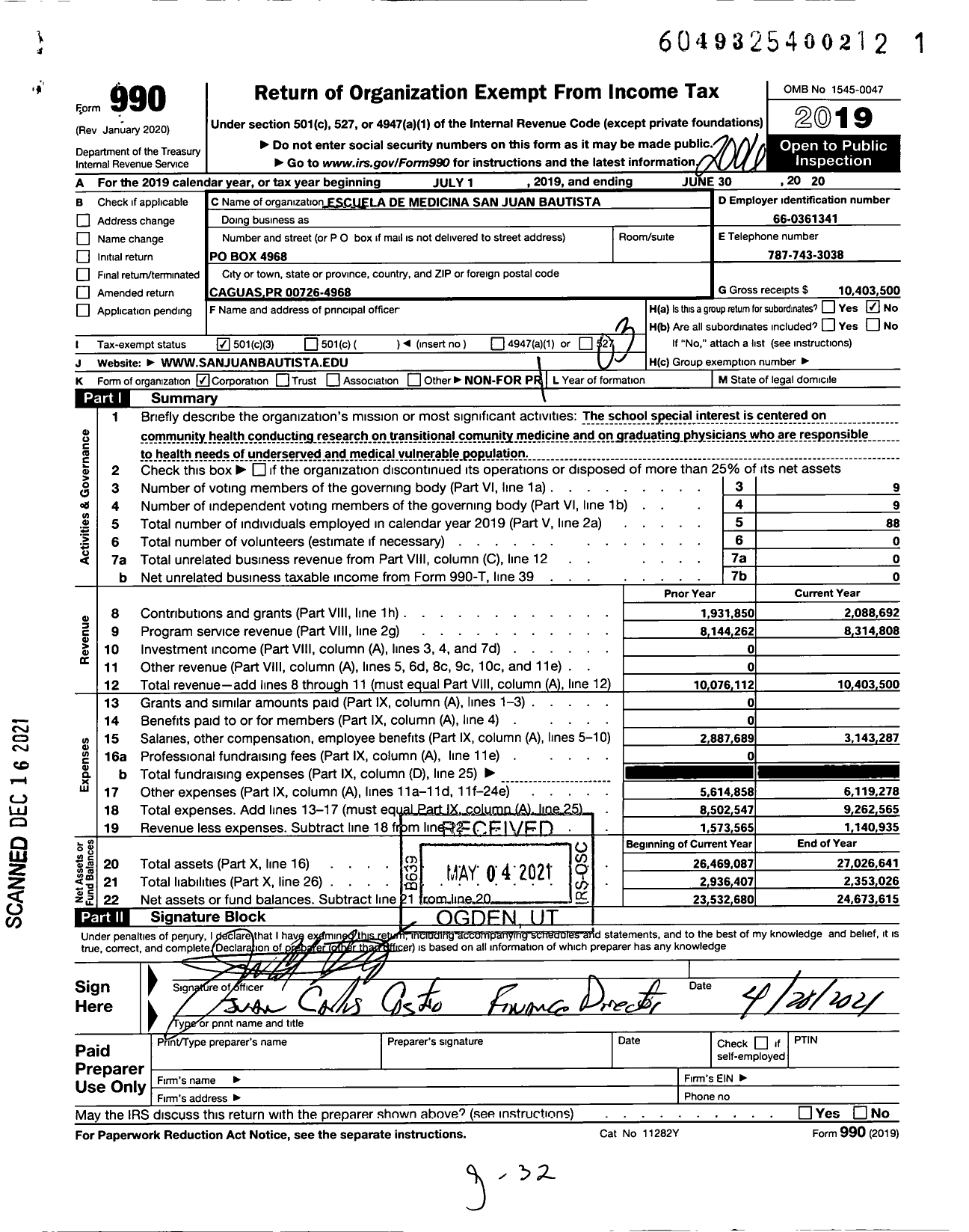 Image of first page of 2019 Form 990 for Escuela De Medicina San Juan Bautista (SJBSM)