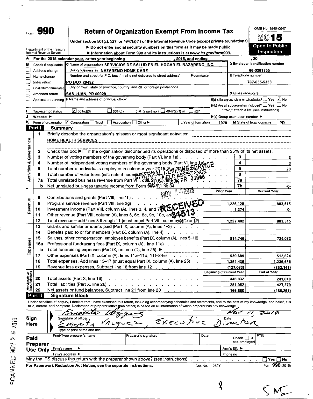 Image of first page of 2015 Form 990 for Servicios de Salud En El Hogar El Nazareno