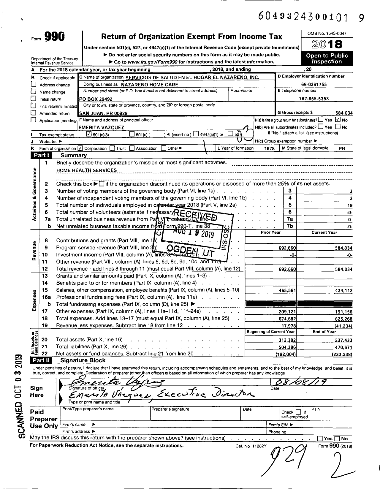 Image of first page of 2018 Form 990 for Servicios de Salud En El Hogar El Nazareno