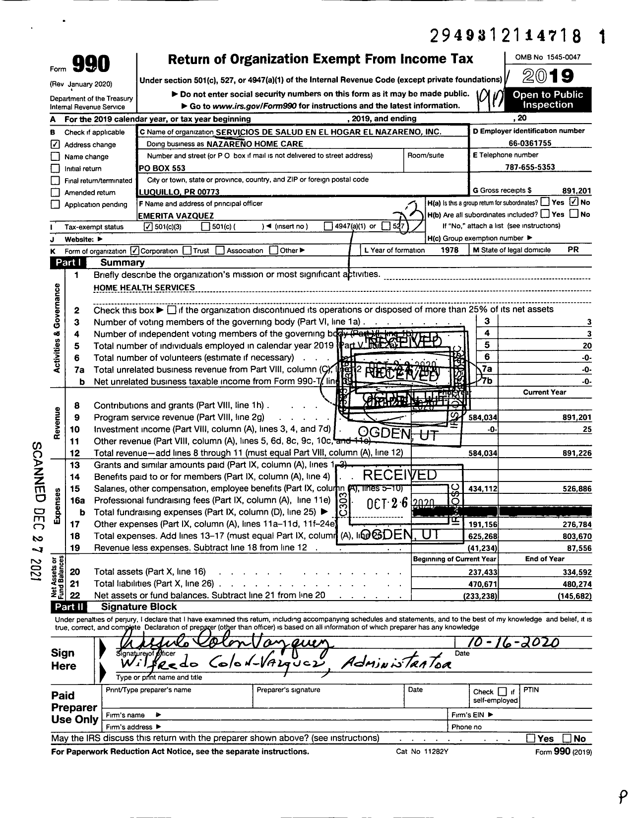 Image of first page of 2019 Form 990 for Servicios de Salud En El Hogar El Nazareno