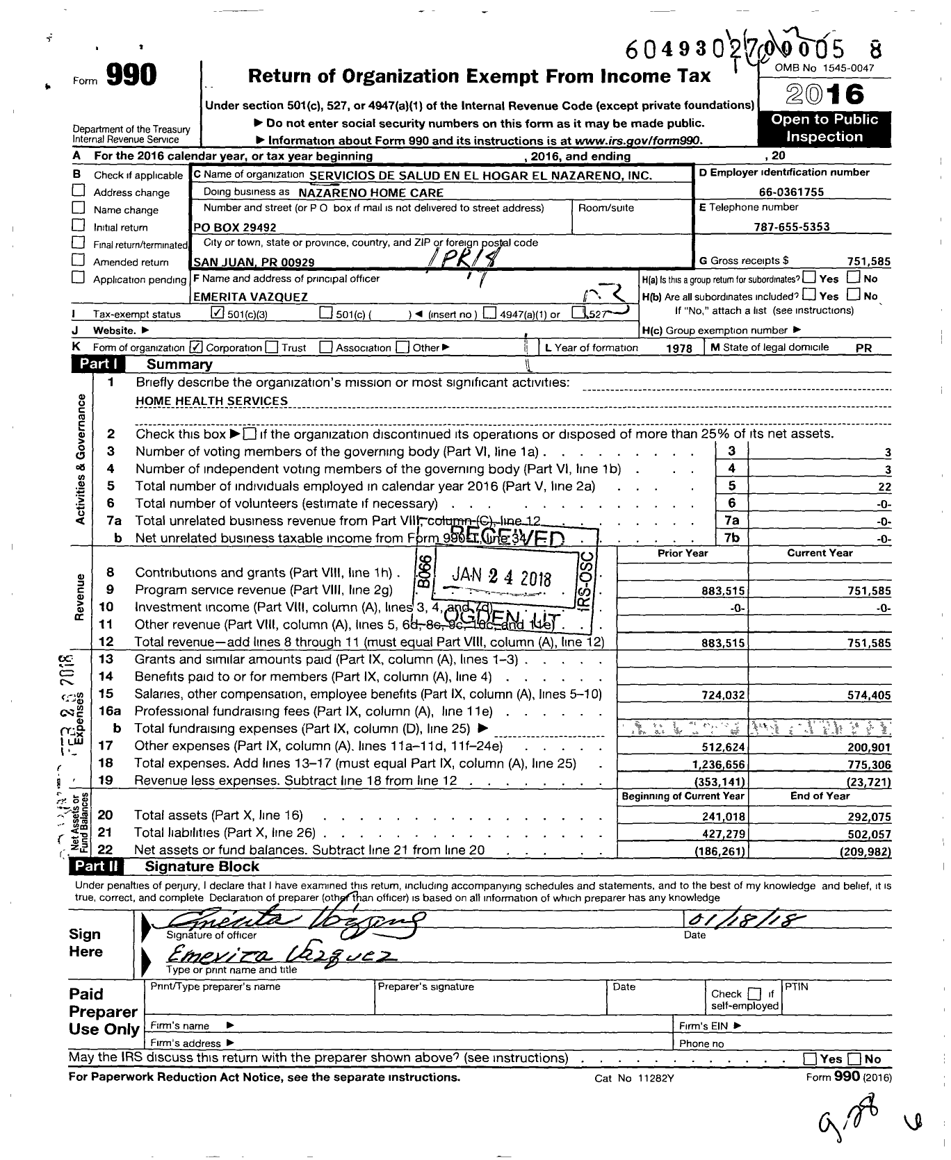 Image of first page of 2016 Form 990 for Servicios de Salud En El Hogar El Nazareno