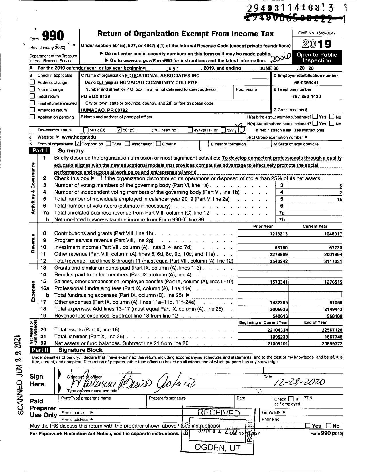 Image of first page of 2019 Form 990O for Humacao Community College (HCC)