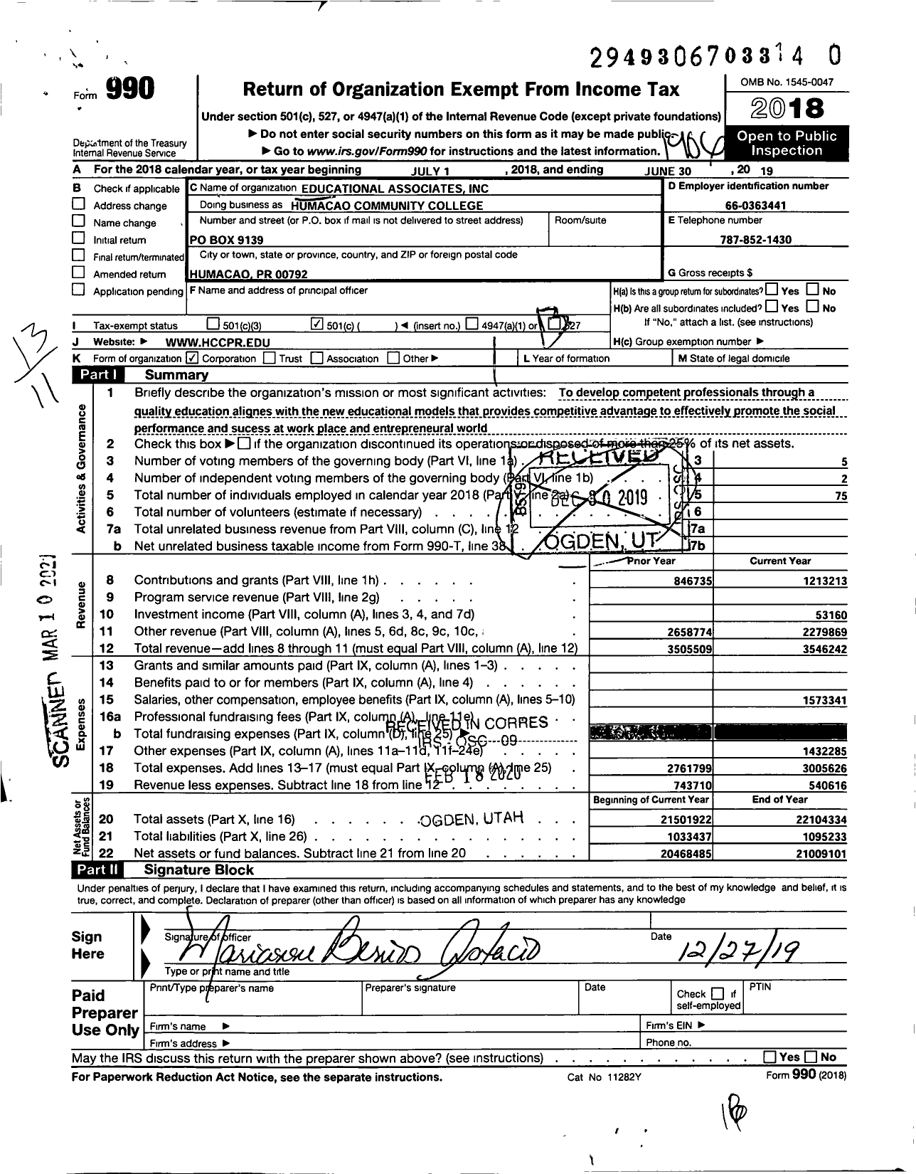 Image of first page of 2018 Form 990O for Humacao Community College (HCC)