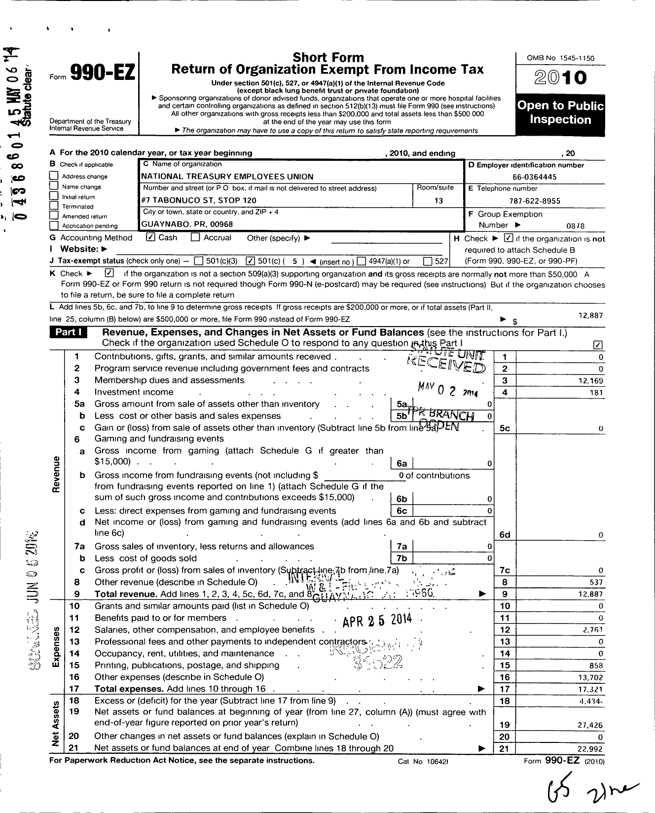 Image of first page of 2010 Form 990EO for National Treasury Employees Union - 193 Nteu Chapter