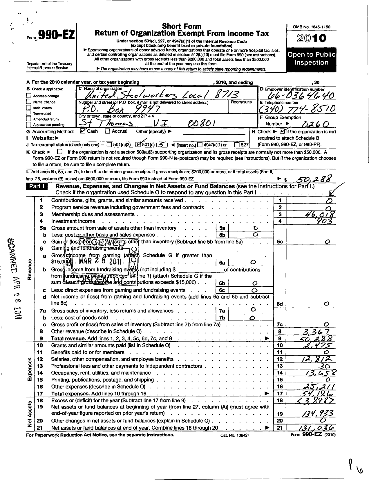 Image of first page of 2010 Form 990EO for United Steelworkers - 08713 Local