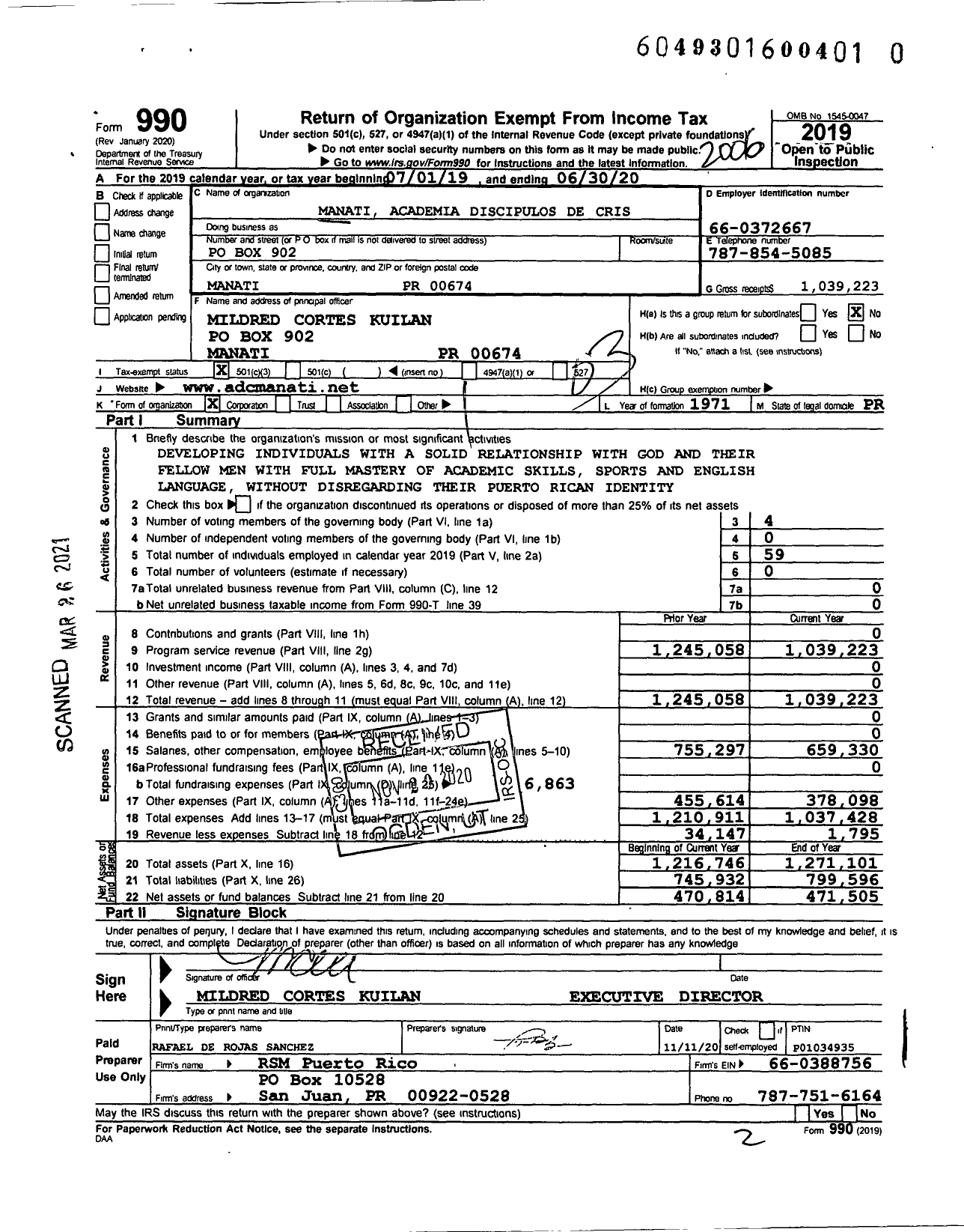 Image of first page of 2019 Form 990 for Manati Academia Discipulos de Cristo