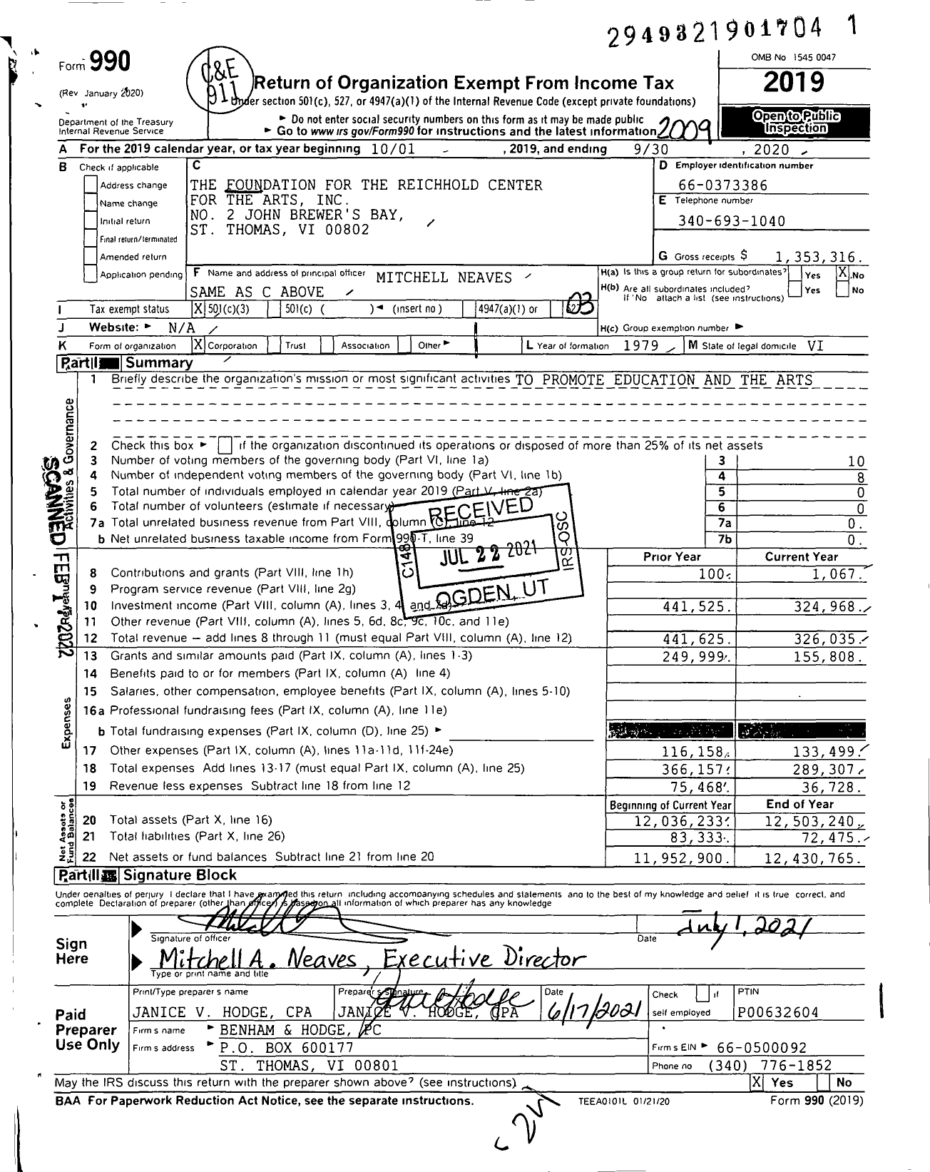 Image of first page of 2019 Form 990 for The Foundation for the Reichhold Center for the Arts